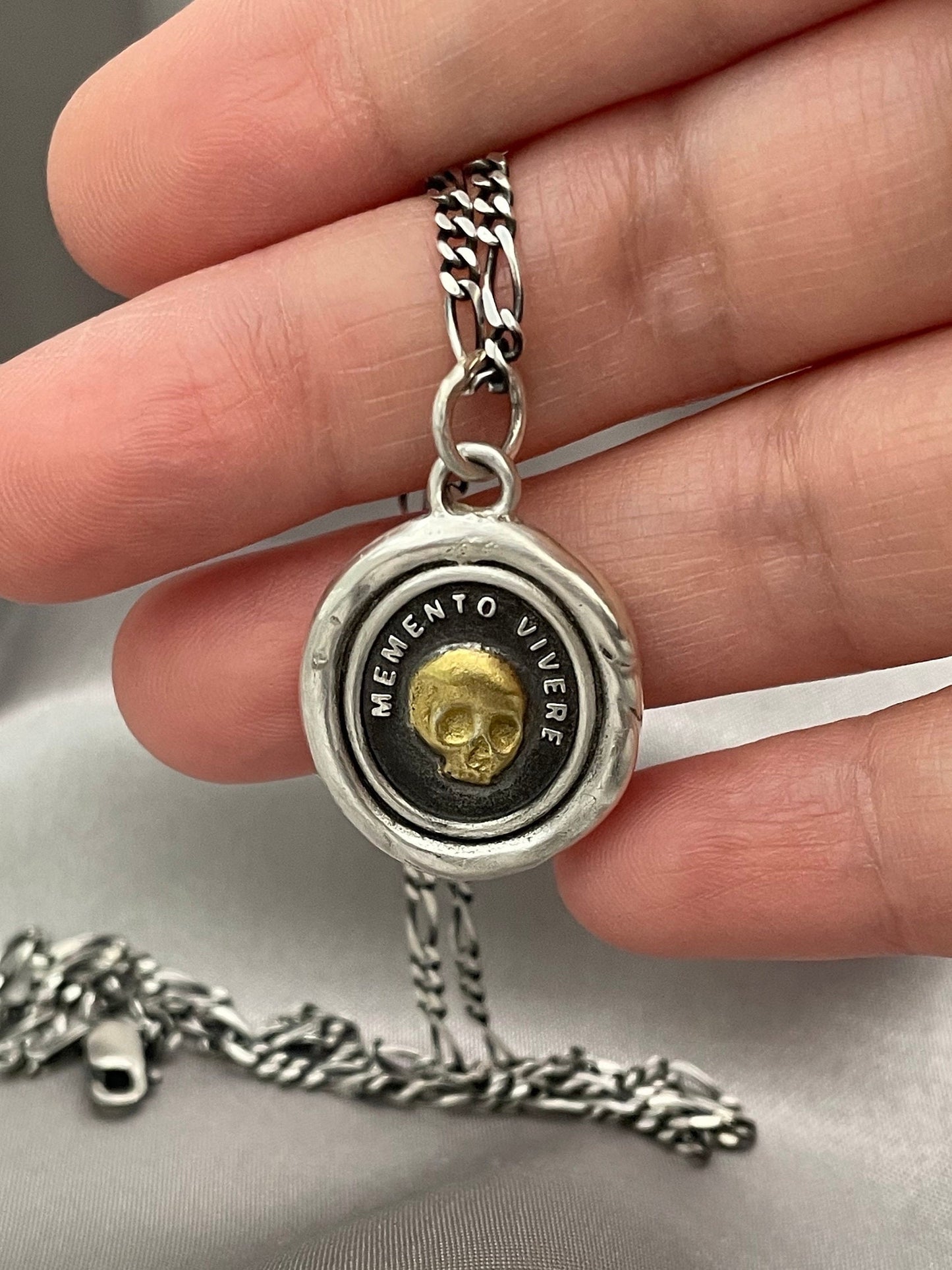 Skull Pendant, Wax Seal Necklace , 22K Gold Overlay Fine Silver, Handmade, Intaglio Seal Heirloom, Original Design Liliane Ting Studio LT081