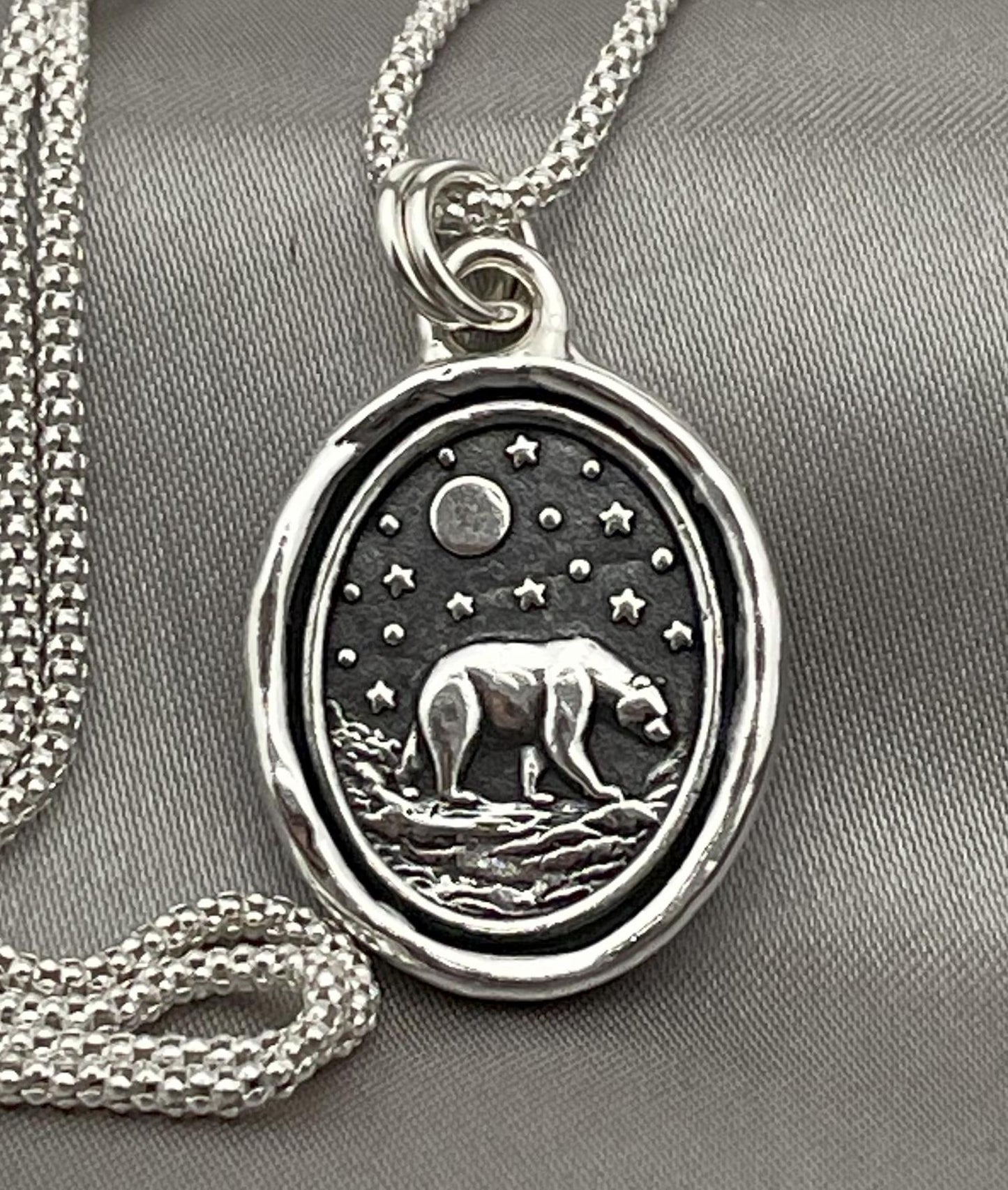 Polar Bear Necklace, Wax Seal Celestial Star Night Pendant, Handmade Silver Talisman, Intaglio Seal Heirloom, Original Design LT088