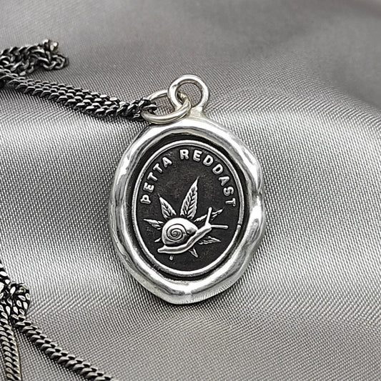Snail Leaf Wax Seal Necklace Pendant, Handmade Silver Talisman, Intaglio Seal Heirloom, Original Design Liliane Ting LT066