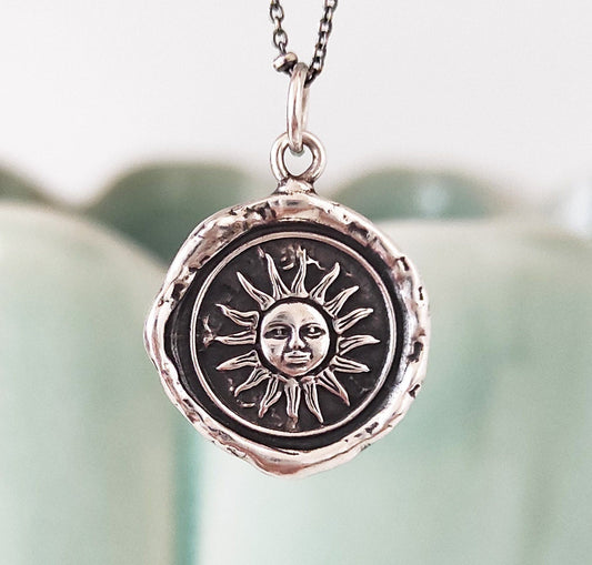 Sun Necklace, Wax Seal Pendant, Handmade Silver Talisman, Intaglio Seal Heirloom Original Design by Liliane Ting LT027