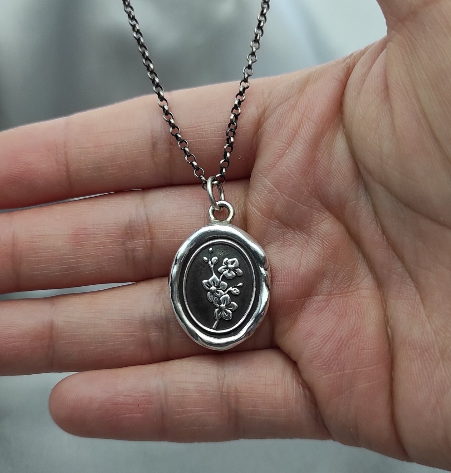 Orchid Pendant, Wax Seal Flower Necklace, Handmade Silver Charm, Intaglio Seal Heirloom Original Design Liliane Ting LT046