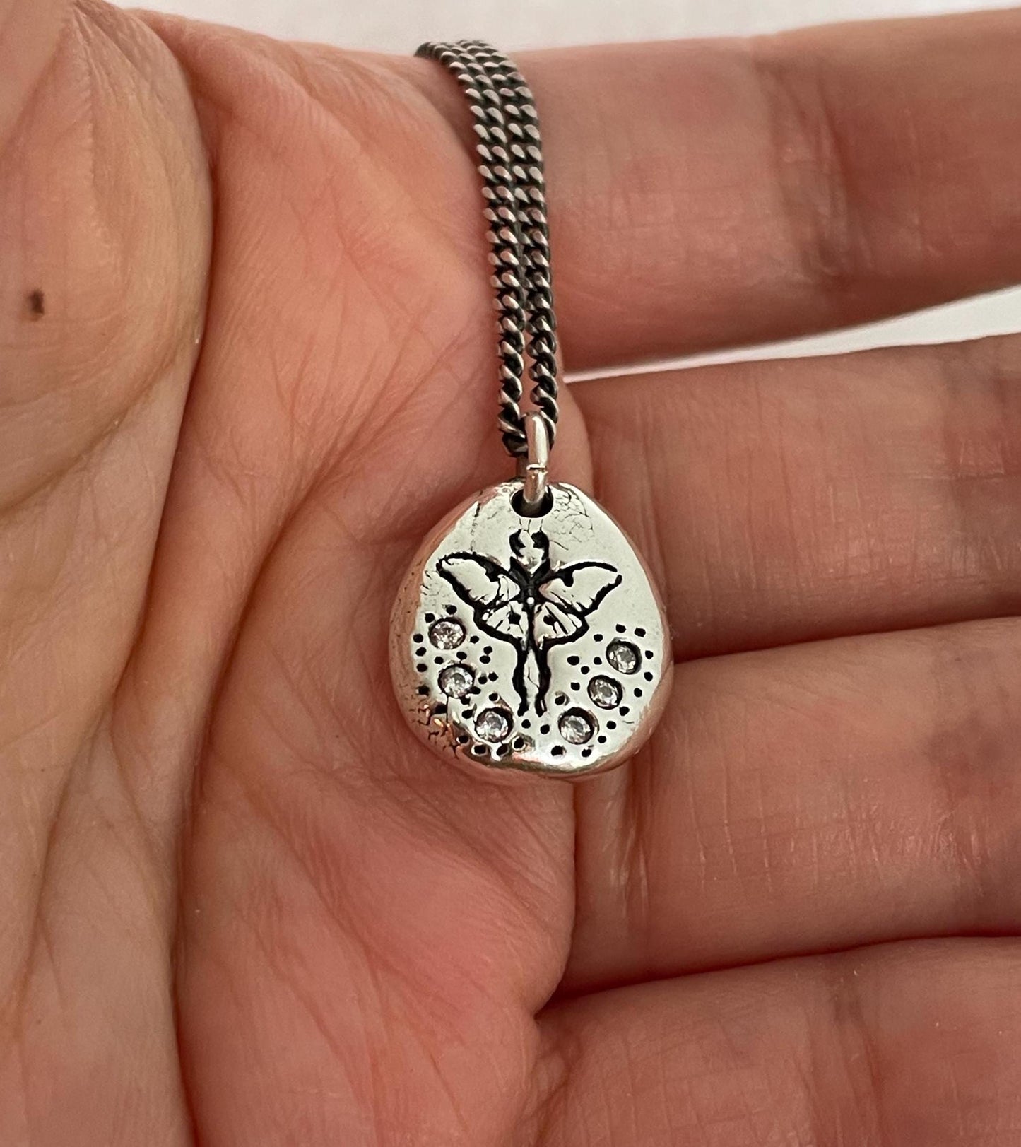 Luna Moth CZ Stone Silver Stamped Pendant Necklace, Handmade Silver Charm, Original Design by Liliane Ting