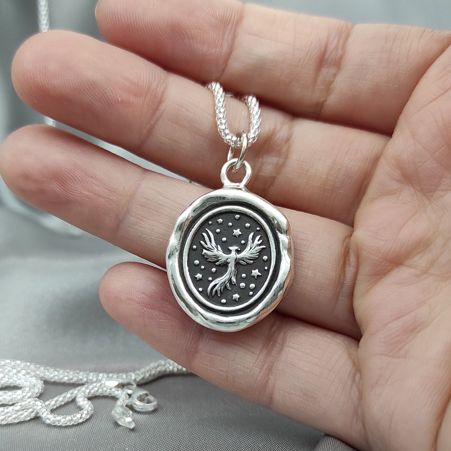 Phoenix Necklace, Fire Celestial Star Wax Seal Pendant, Handmade Silver Talisman, Intaglio Seal Heirloom, Original Design LT Studio LT021