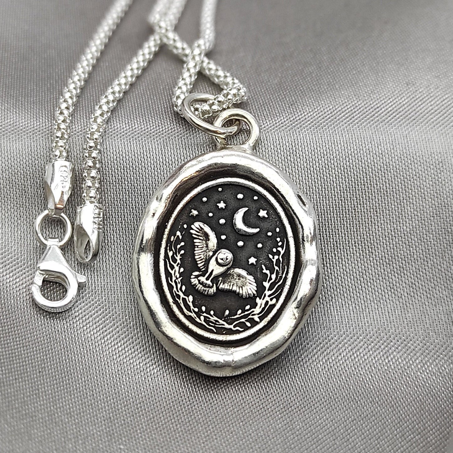 Owl Celestial Star Night Wax Seal Necklace Pendant, Handmade Silver Talisman, Intaglio Seal Heirloom, Original Design LT Studio LT034