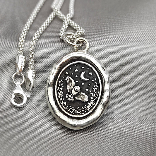 Owl Celestial Star Night Wax Seal Necklace Pendant, Handmade Silver Talisman, Intaglio Seal Heirloom, Original Design LT Studio LT034
