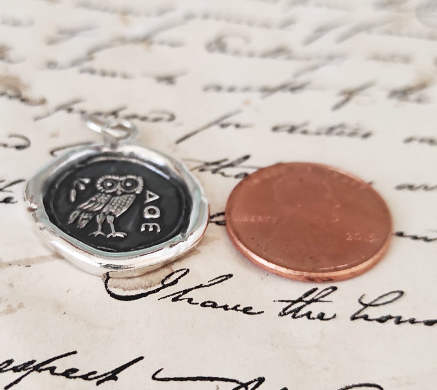 Athena OWL Pendant, Wax Seal Necklace, Handmade Silver Amulet, Intaglio Seal Heirloom, LT048