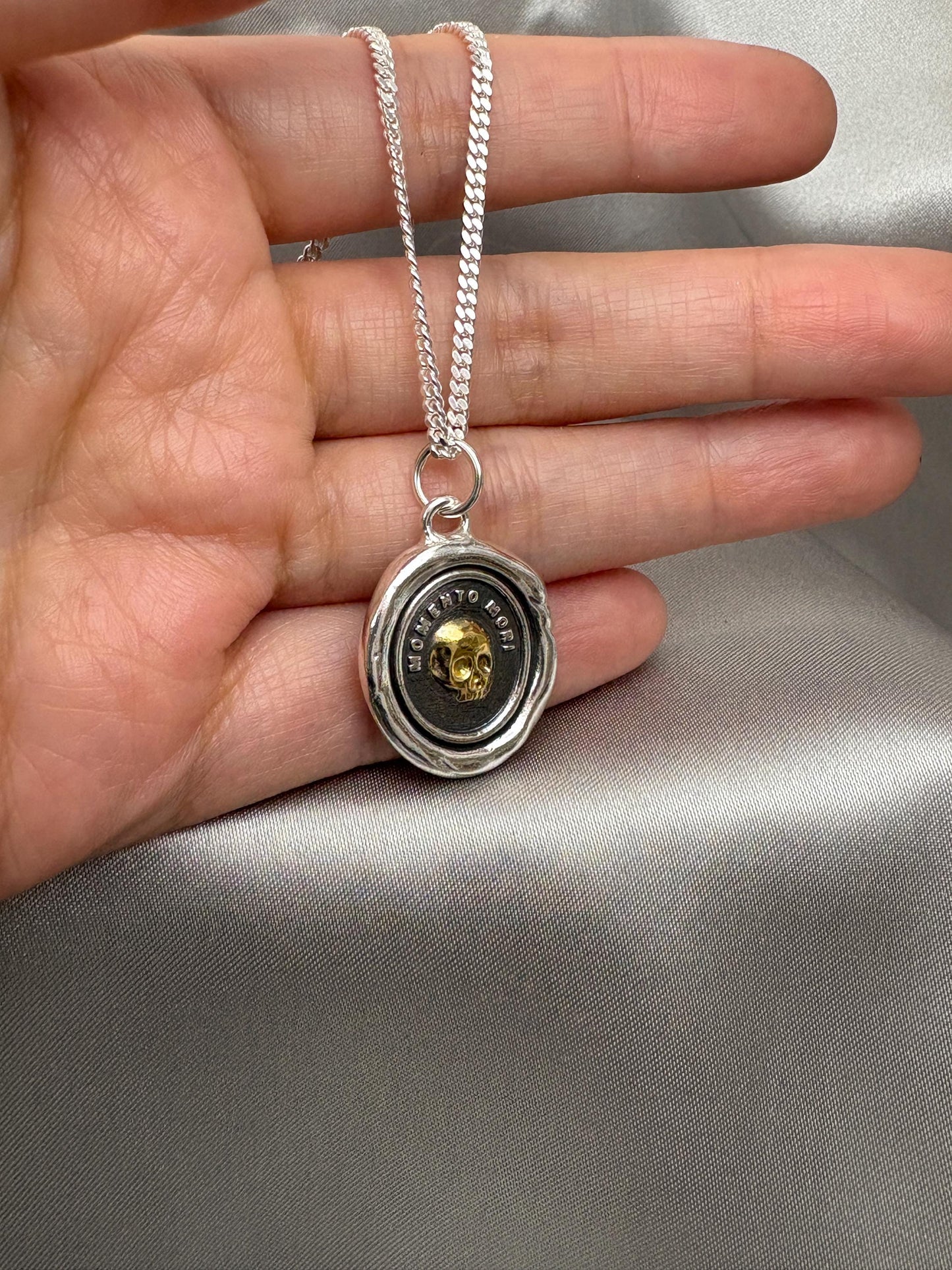 Skull Necklace, Wax Seal Silver Pendant, 22K Gold Overlay Silver, Handmade, Intaglio Seal Heirloom, Original Design Liliane Ting LT106