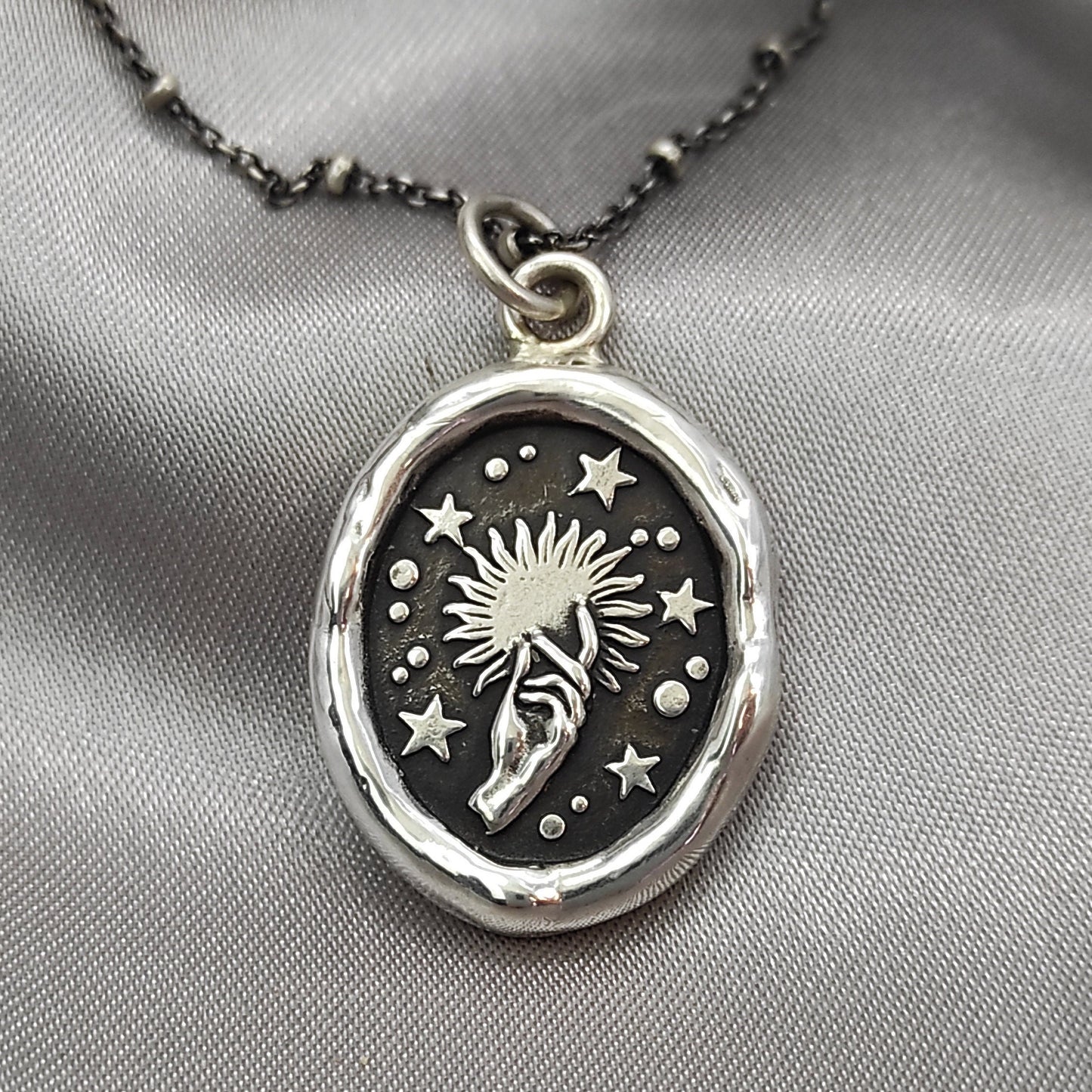Celestial Sun Star Magic Hand Wax Seal Necklace Pendant, Handmade Silver Talisman, Intaglio Seal Heirloom, Original Design LT004