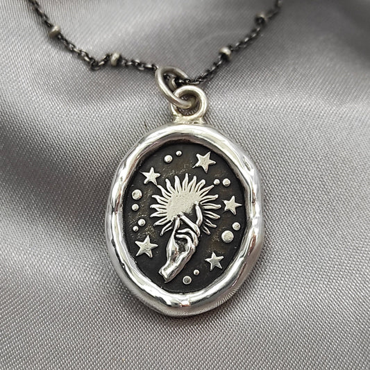 Celestial Sun Star Magic Hand Wax Seal Necklace Pendant, Handmade Silver Talisman, Intaglio Seal Heirloom, Original Design LT004