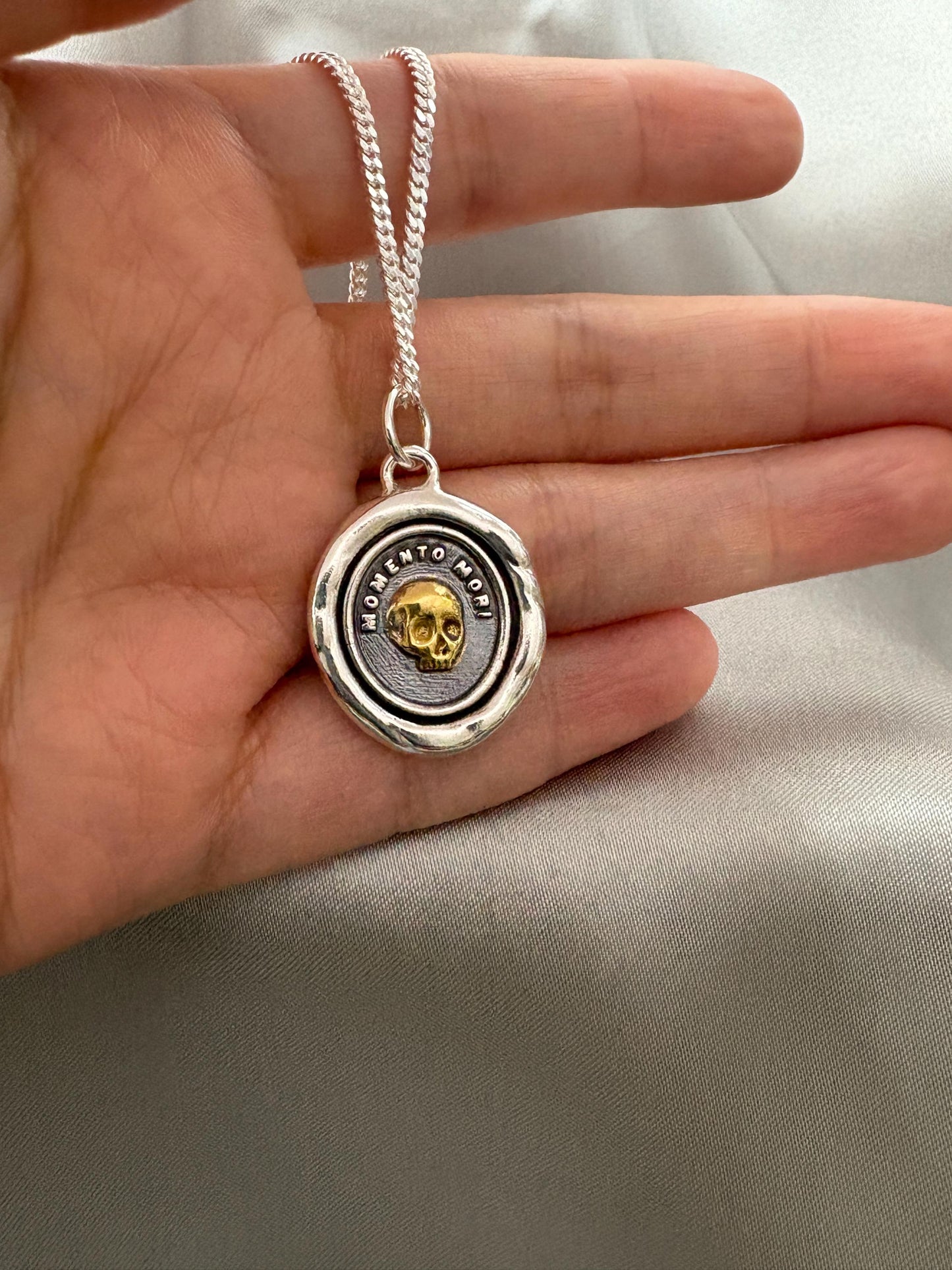 Skull Necklace, Wax Seal Silver Pendant, 22K Gold Overlay Silver, Handmade, Intaglio Seal Heirloom, Original Design Liliane Ting LT106