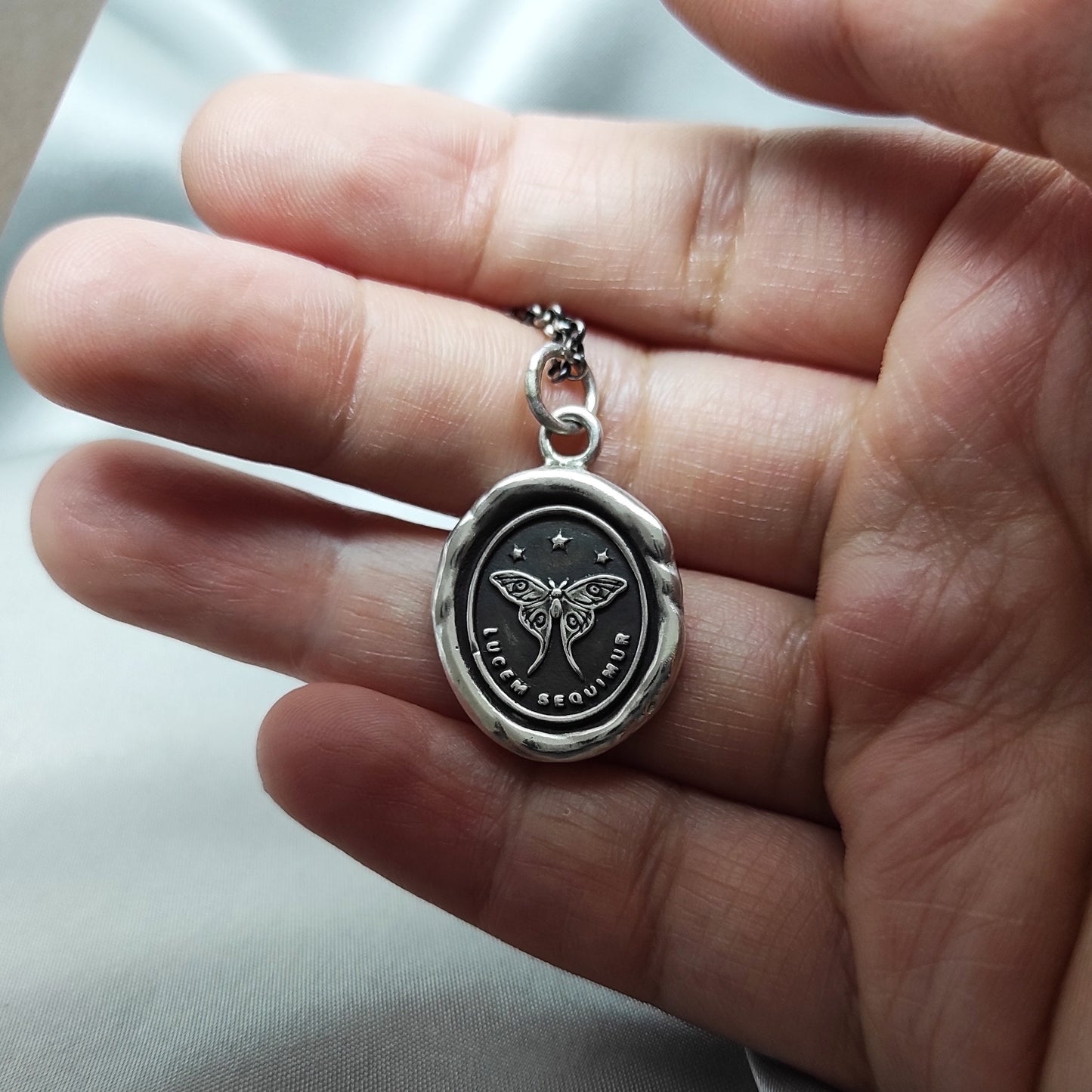 Moth Follow the Light Wax Seal Necklace Pendant, Handmade Silver Talisman, Intaglio Seal Heirloom, Original Design LT Studio LT002