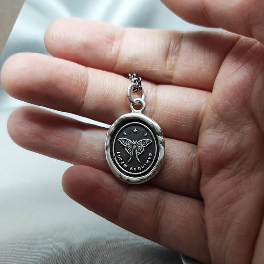 Moth Follow the Light Wax Seal Necklace Pendant, Handmade Silver Talisman, Intaglio Seal Heirloom, Original Design LT Studio LT002