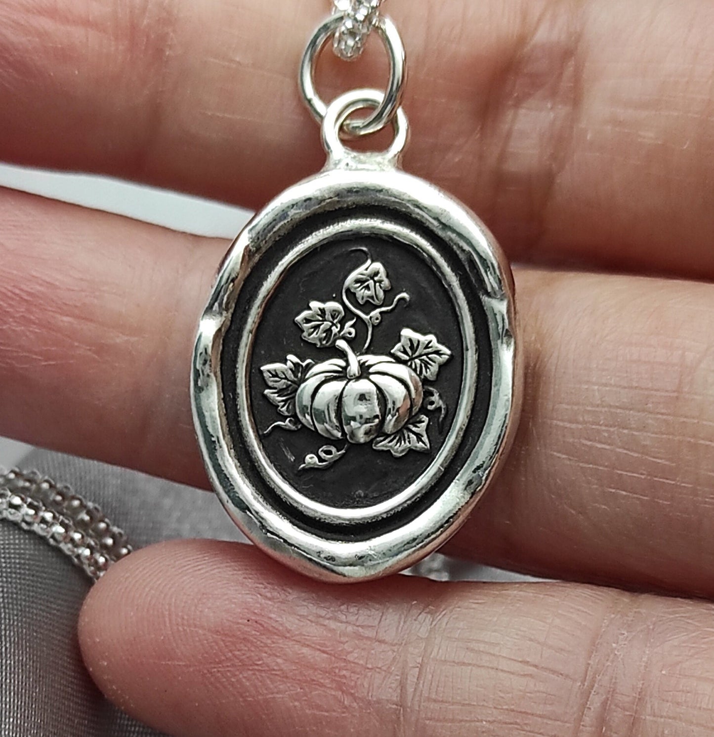 Pumpkin Harvest Wax Seal Necklace Pendant, Handmade Silver Talisman, Intaglio Seal Heirloom, Original Design by Liliane Ting LT069