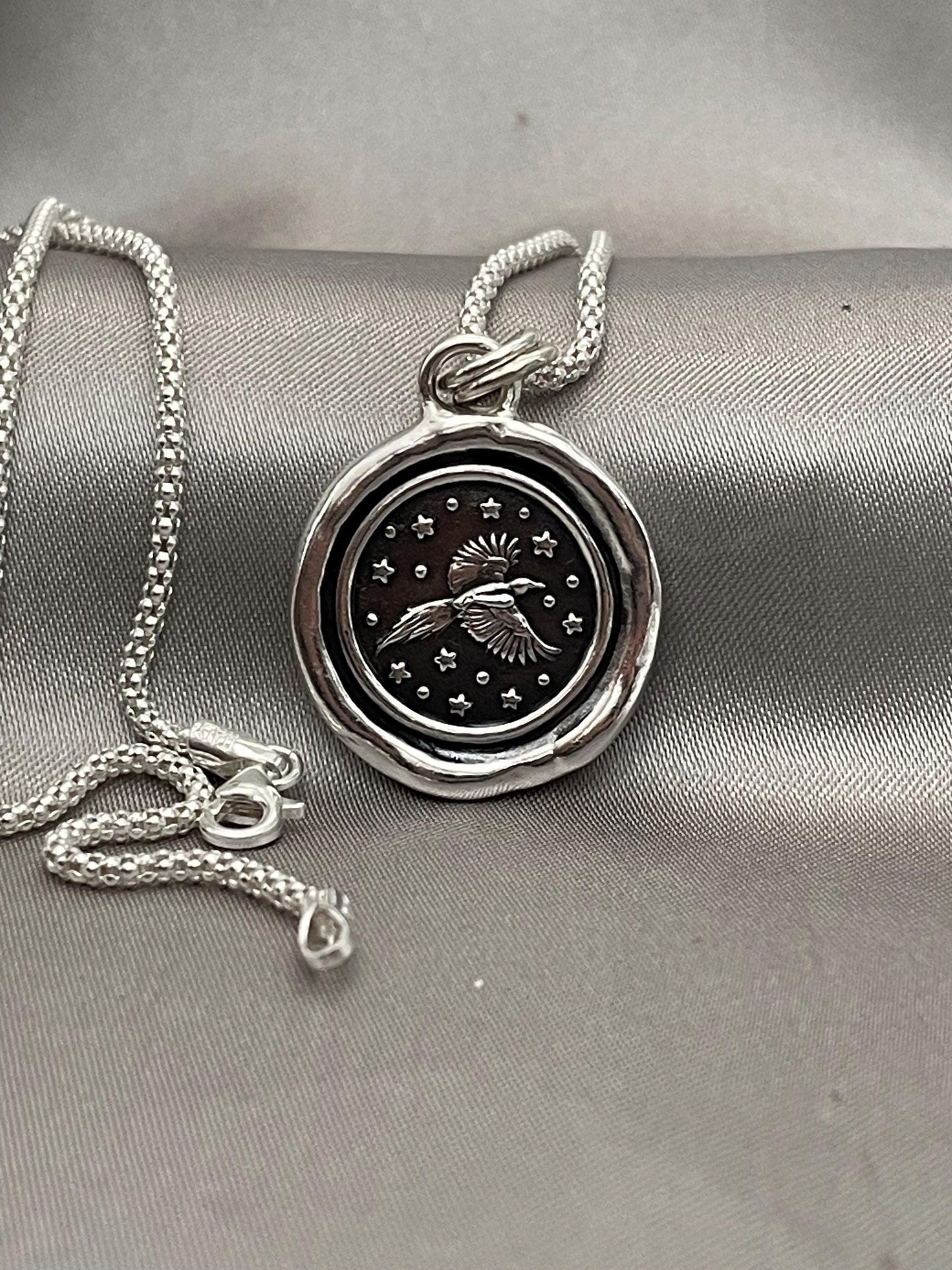 Soaring Bird Celestial Star Wax Seal Necklace Pendant, Handmade Silver Talisman, Intaglio Seal Heirloom, Original Design LT091