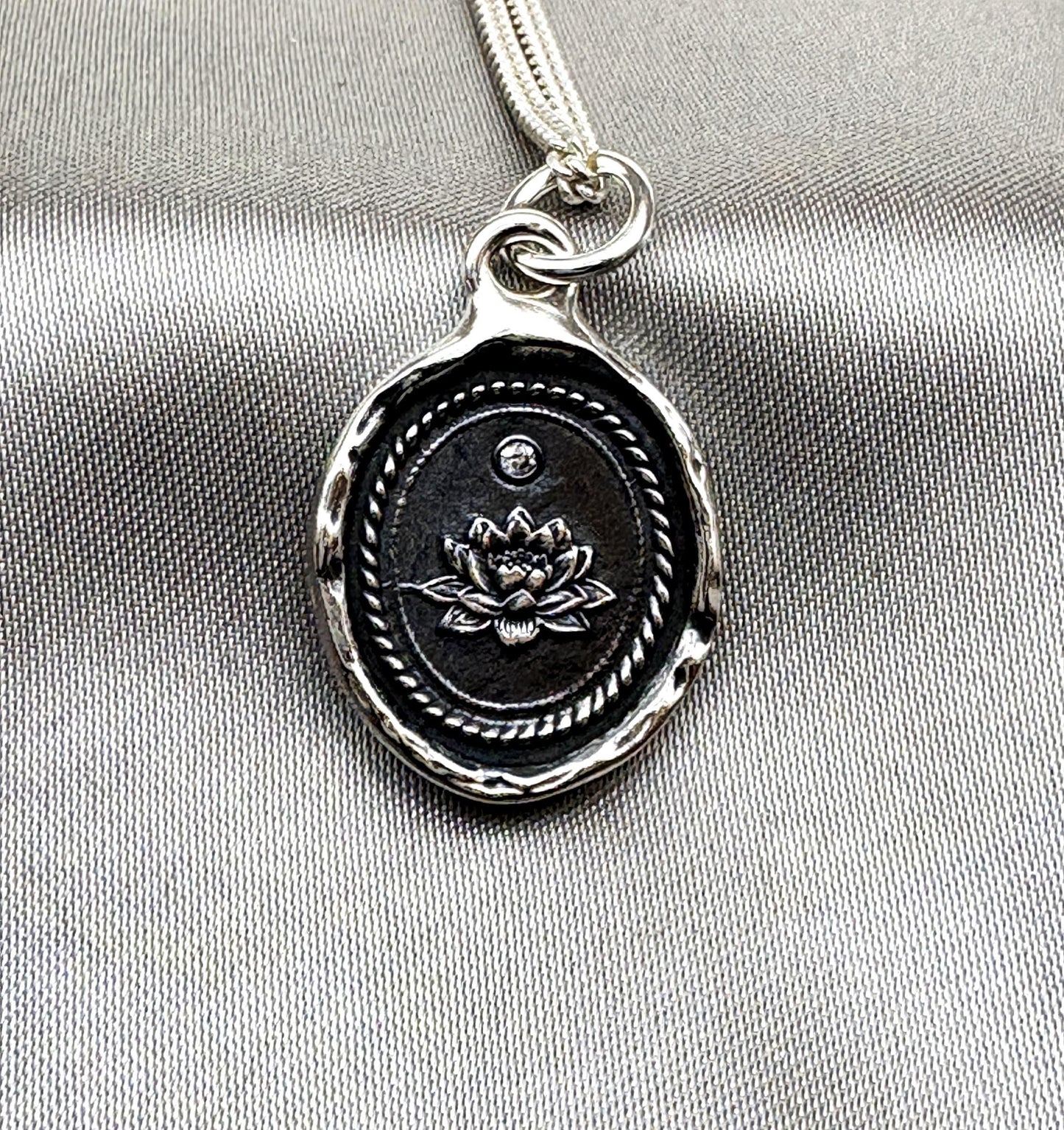 Silver Lotus Pendant with CZ – Spiritual Growth Wax Seal Necklace, Handmade Silver Charm, Intaglio Seal Heirloom, Original Design LT Studio