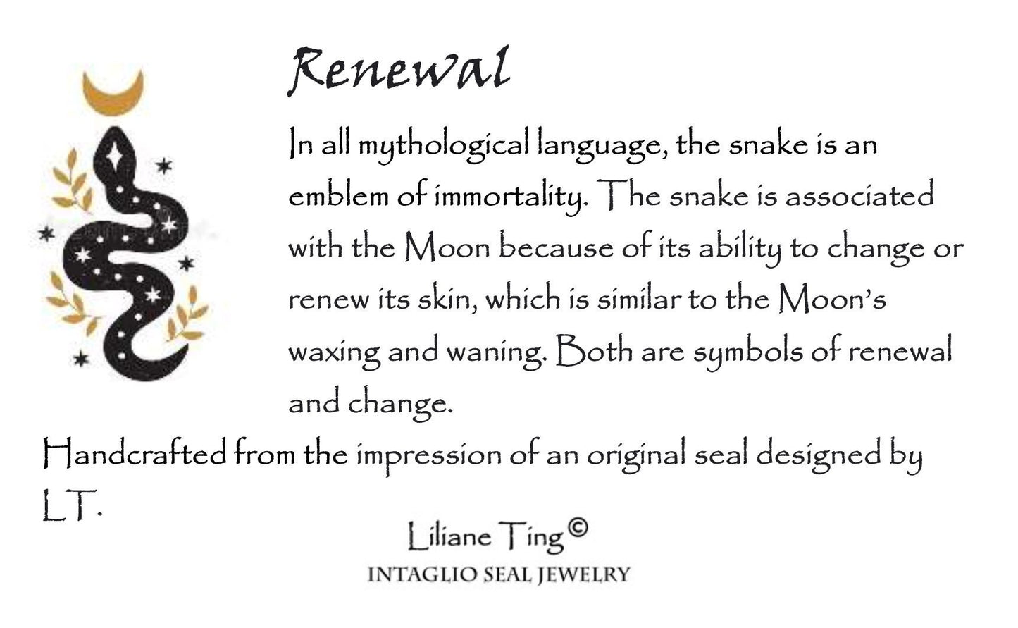 Snake Necklace, Celestial Moon Wax Seal Pendant, Handmade Silver Talisman, Intaglio Seal Heirloom Original Design Liliane Ting LT025