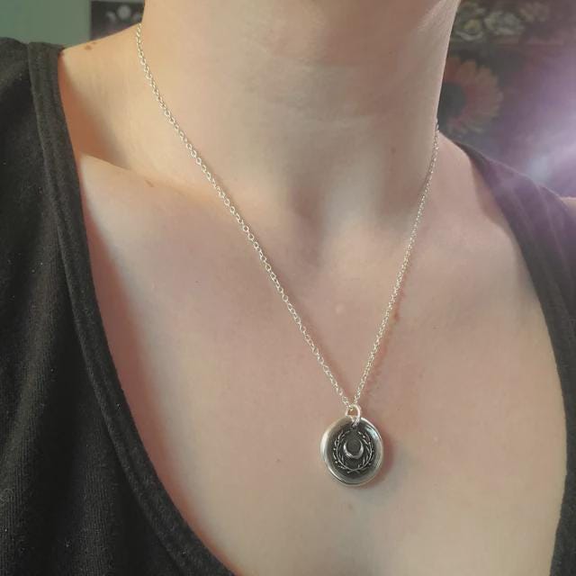 Crescent Moon and Wreath Wax Seal Necklace – Handmade Silver Intaglio Pendant, Heirloom Design by Liliane Ting, LT003