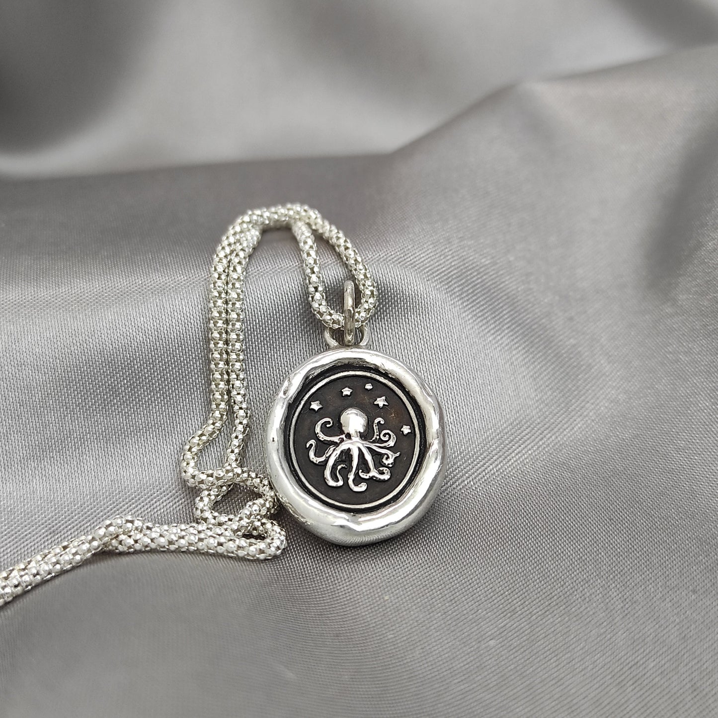 Octopus Necklace, Celestial Wax Seal Pendant, Handmade Silver Talisman, Intaglio Seal Heirloom, Original Design Liliane Ting 075