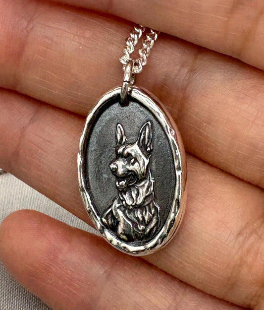 German Shepherd Dog Wax Seal Necklace Pendant Handmade Silver Talisman/Intaglio Seal, Original Design Liliane Ting LT100