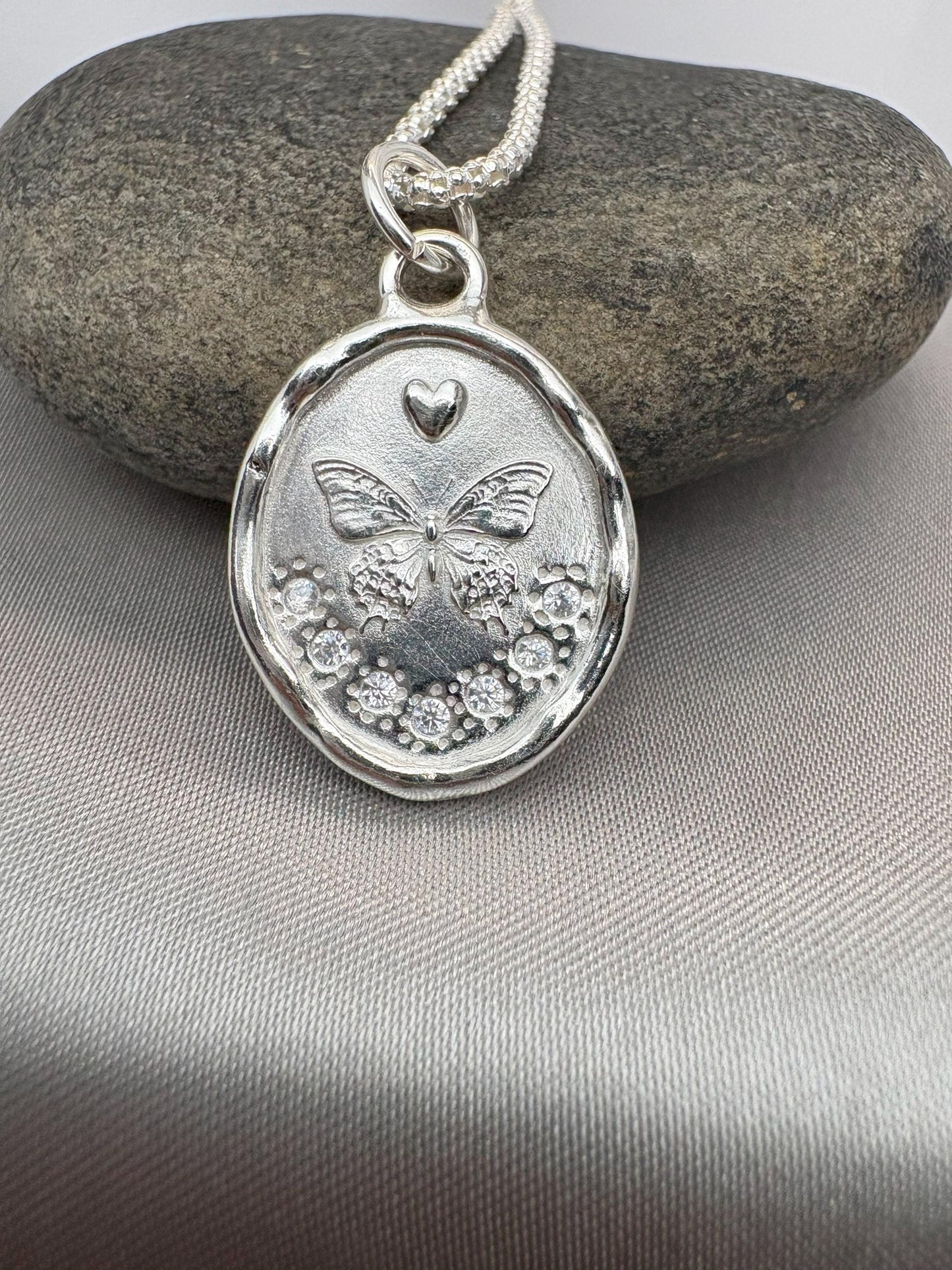 Silver Butterfly Pendant with CZ – Nature-Inspired Elegance, Handmade Silver Charm, Intaglio Seal Heirloom, Original Design LT Studio