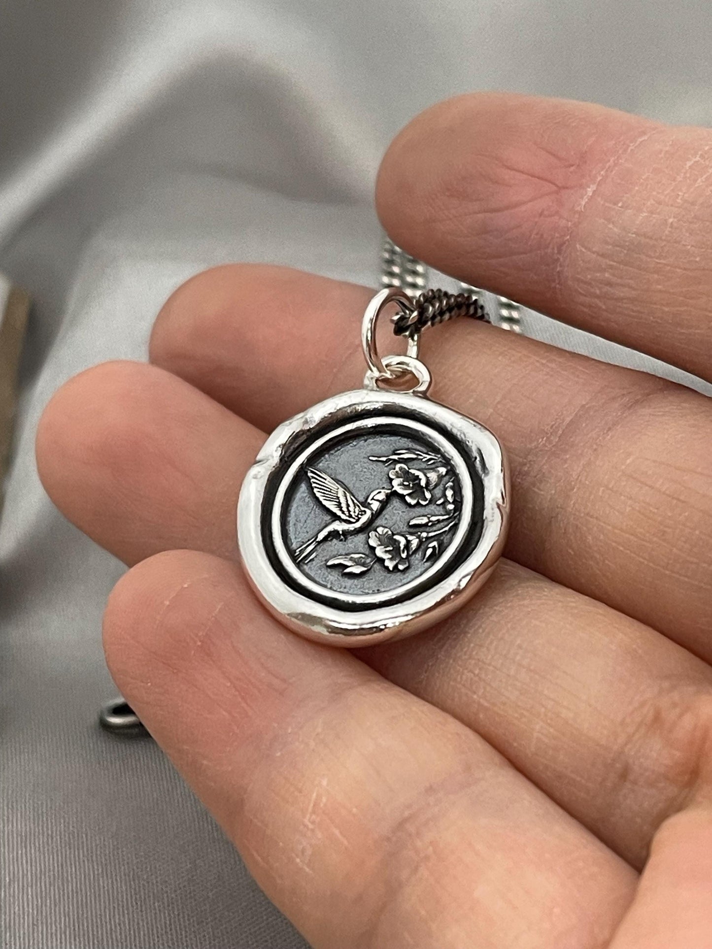 Hummingbird Flower Celestial Wax Seal Necklace Pendant, Handmade Solid Silver Talisman, Intaglio Seal Heirloom, Original Design LT093