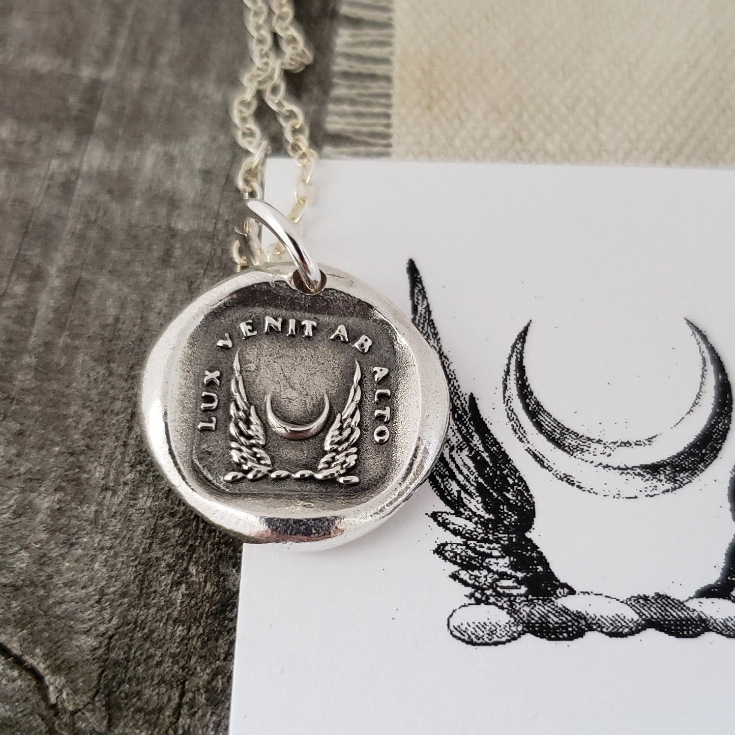 Crescent New Moon Necklace, Wax Seal Pendant/Wings /Latin Motto/Handmade Silver Talisman/Intaglio Seal Original Design LT056