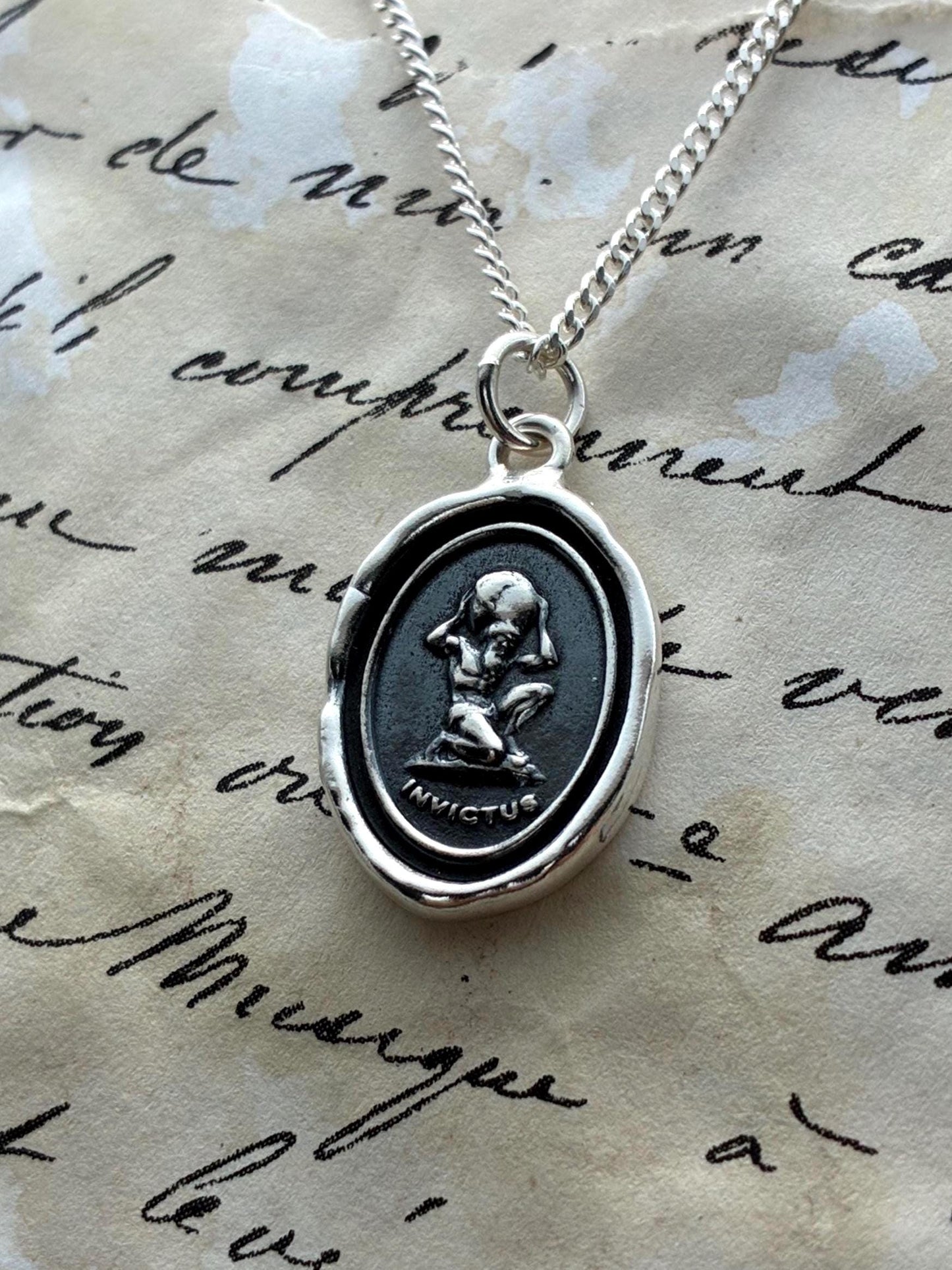 Invictus Atlas Necklace • Wax Seal Silver Pendant • Strength, Resilience & Unconquered Spirit Jewelry • Original Design by Liliane Ting