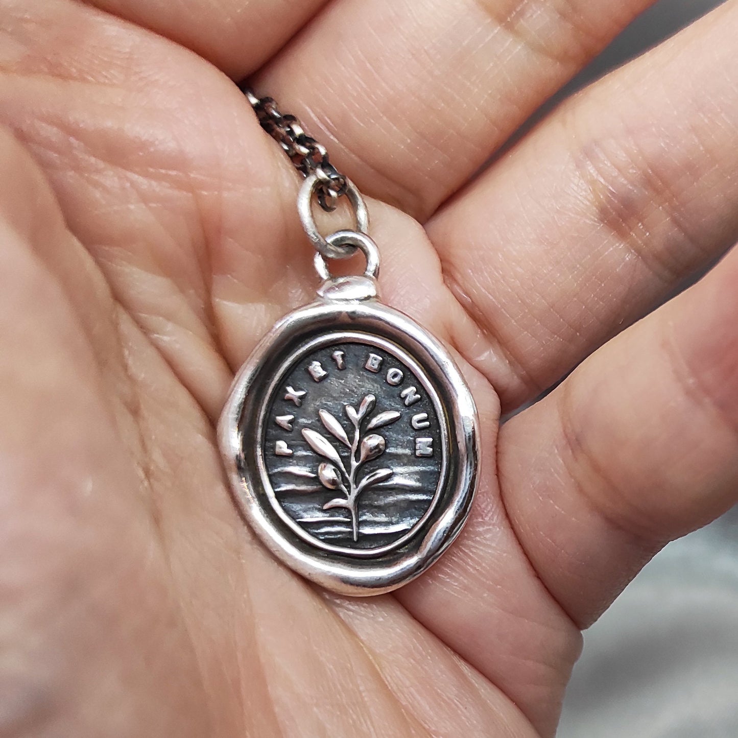Olive Branch Pendant- Peace - Wax Seal Necklace Necklace, Handmade Silver Charm, Intaglio Seal Heirloom Original Design LT012