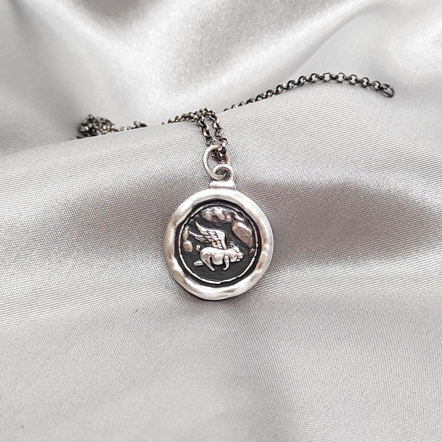 Flying Pig Pendant, Achieve Wax Seal Necklace, Handmade Silver Charm, Intaglio Seal Heirloom Original Design Liliane Ting LT022