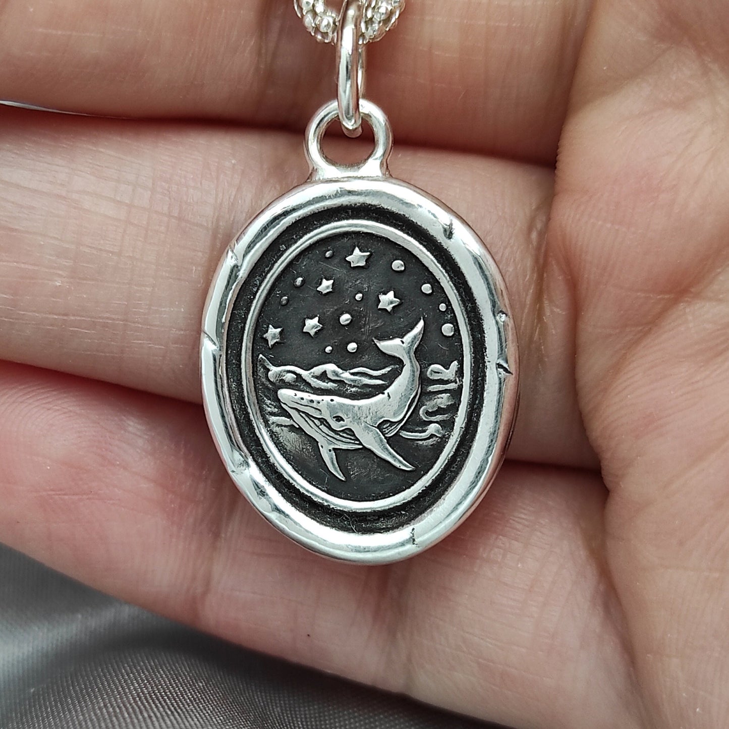 Whale Necklace, Wax Seal Ocean Celestial Pendant, Handmade Silver Charm, Intaglio Seal Heirloom, Original Design Liliane Ting 072
