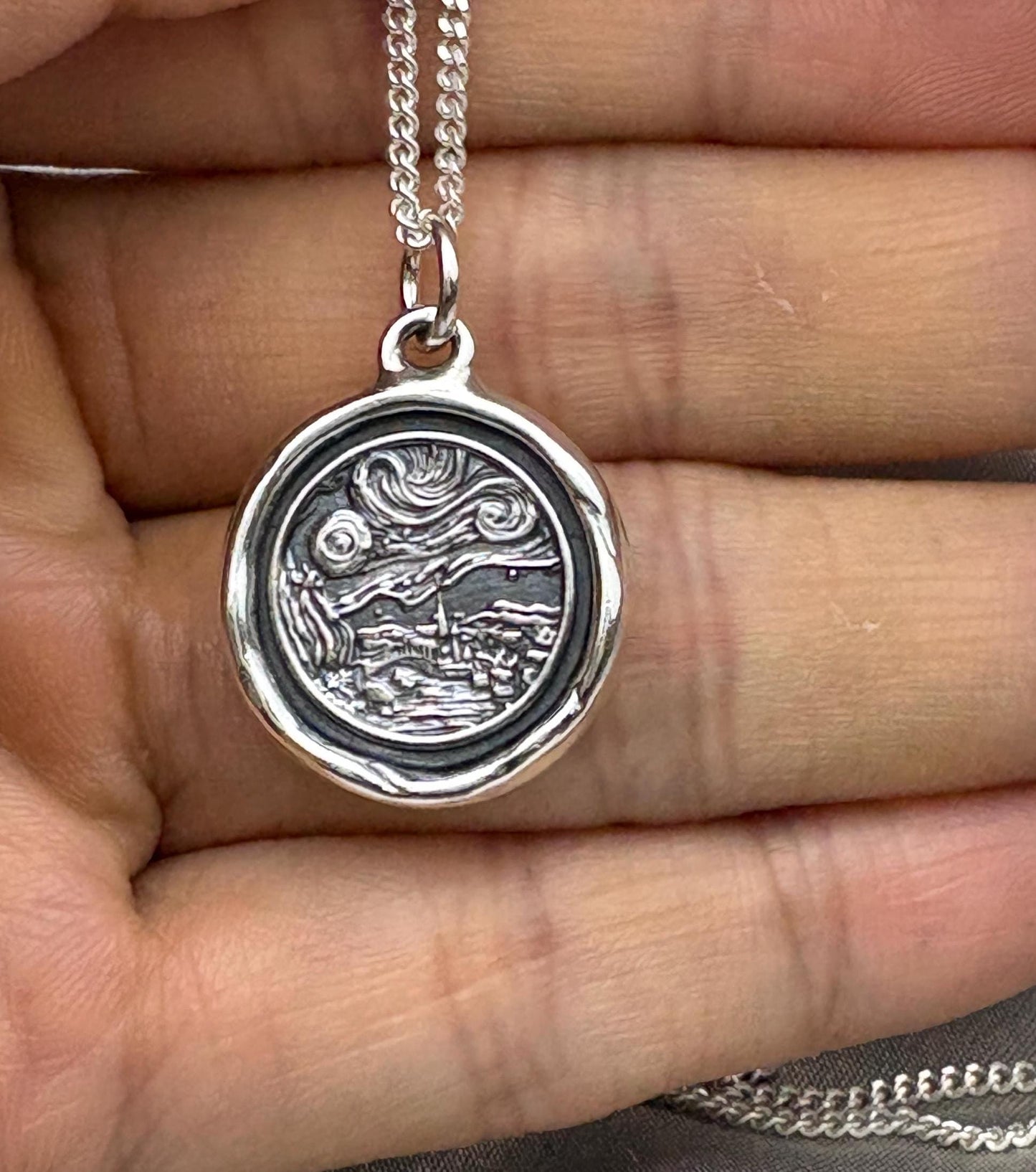 Van Gogh Starry Night Pendant – Artistic Wax Seal Necklace, Handmade Silver Charm, Intaglio Seal Heirloom, Original Design LT Studio