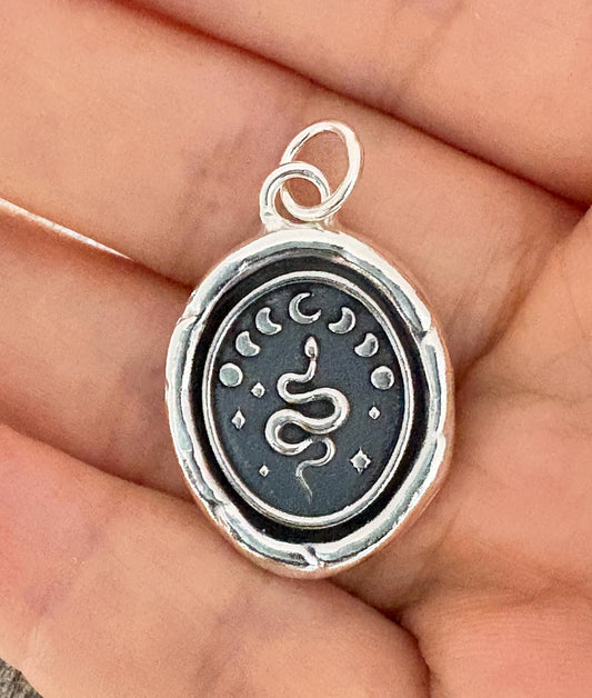 Unique Snake Moon Phases Pendant, Wax Seal Necklace, Handmade Silver Charm, Original Design by Liliane Ting LT095