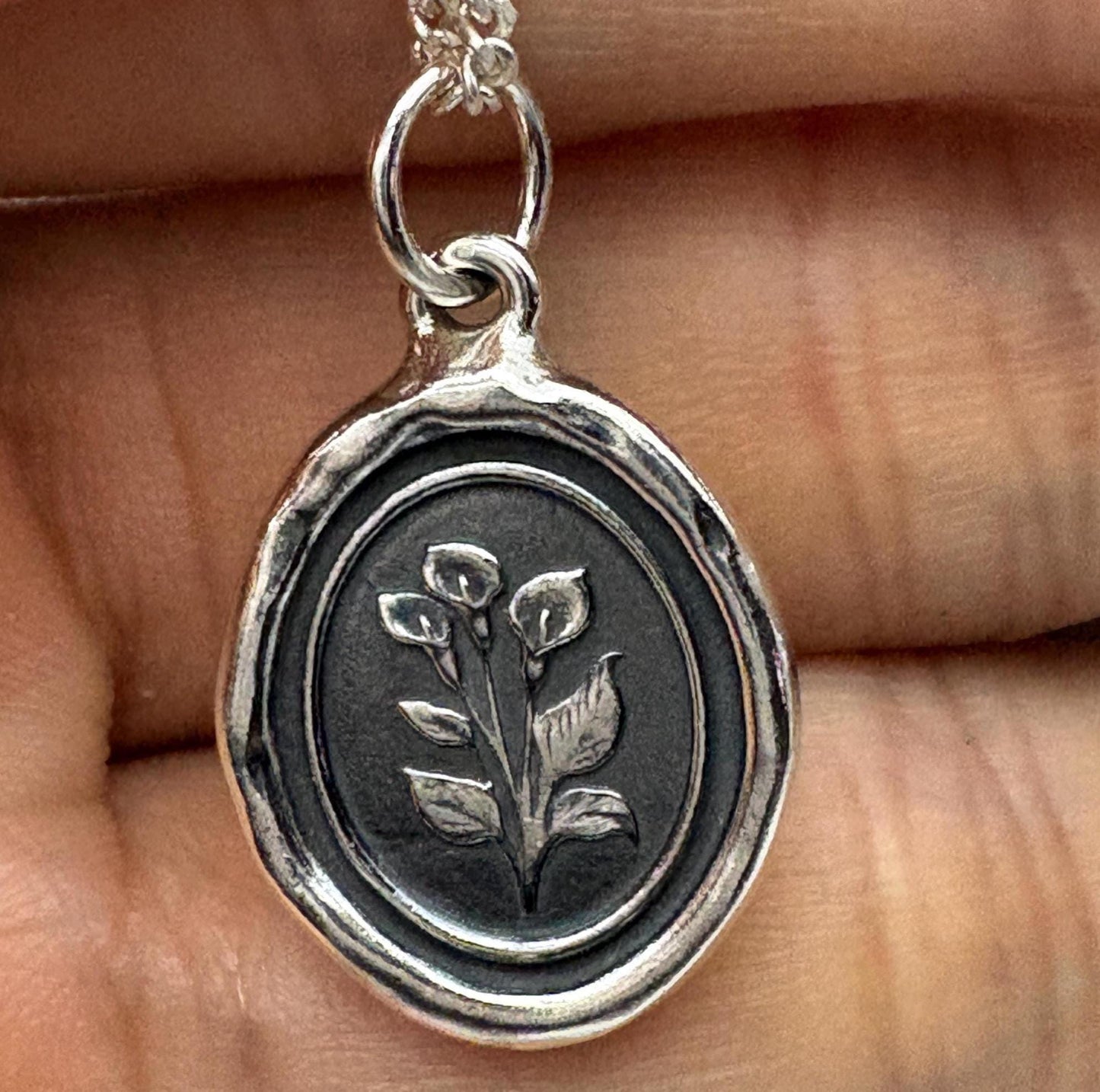 Calla Lily Pendant – Handmade Silver Wax Seal Flower Necklace, Intaglio Seal Heirloom, Symbol of Purity and Grace, Original Design LT