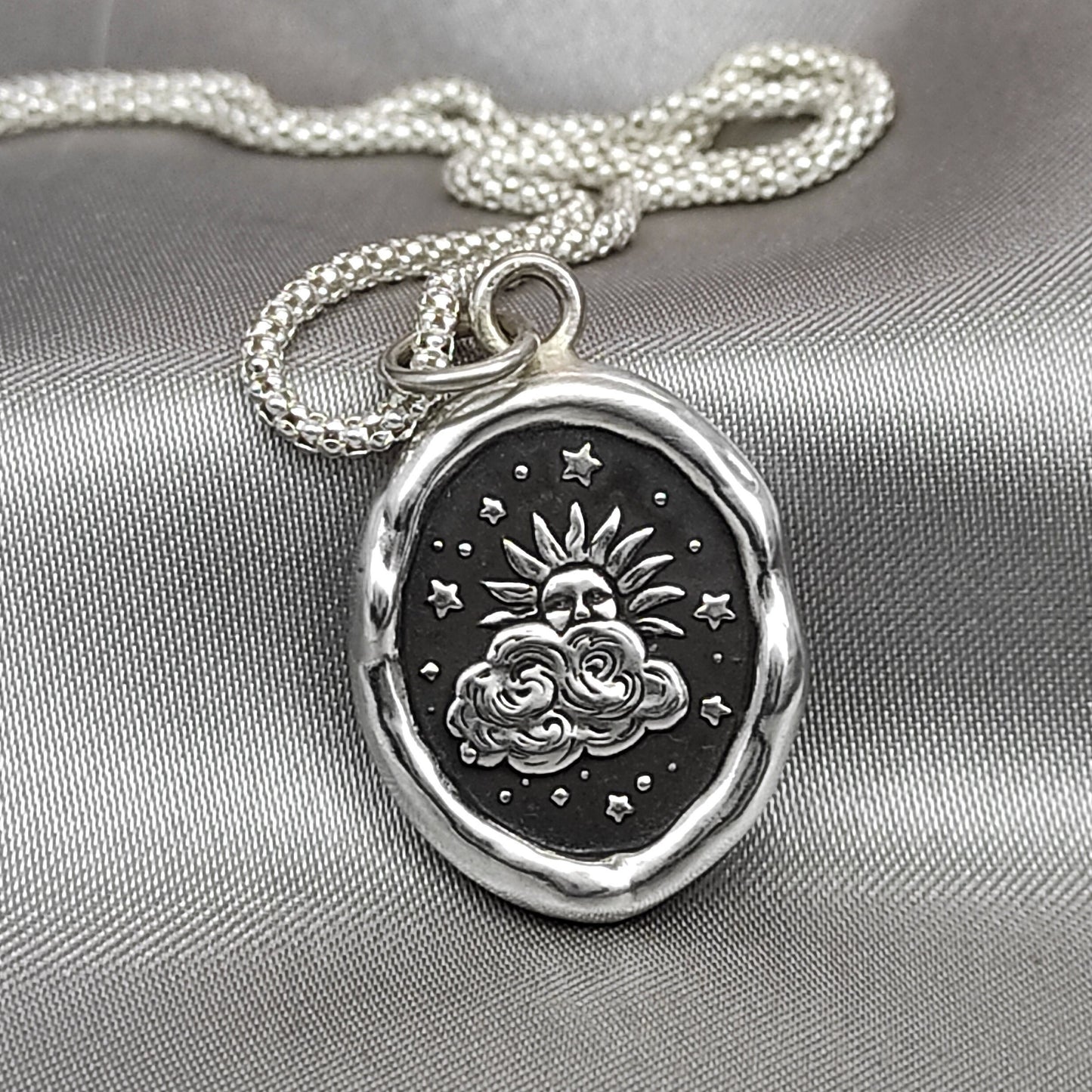 Sun Cloud Star Celestial Pendant, Wax Seal Necklace, Handmade Silver Charm, Intaglio Seal Heirloom, Original Design Liliane Ting LT055