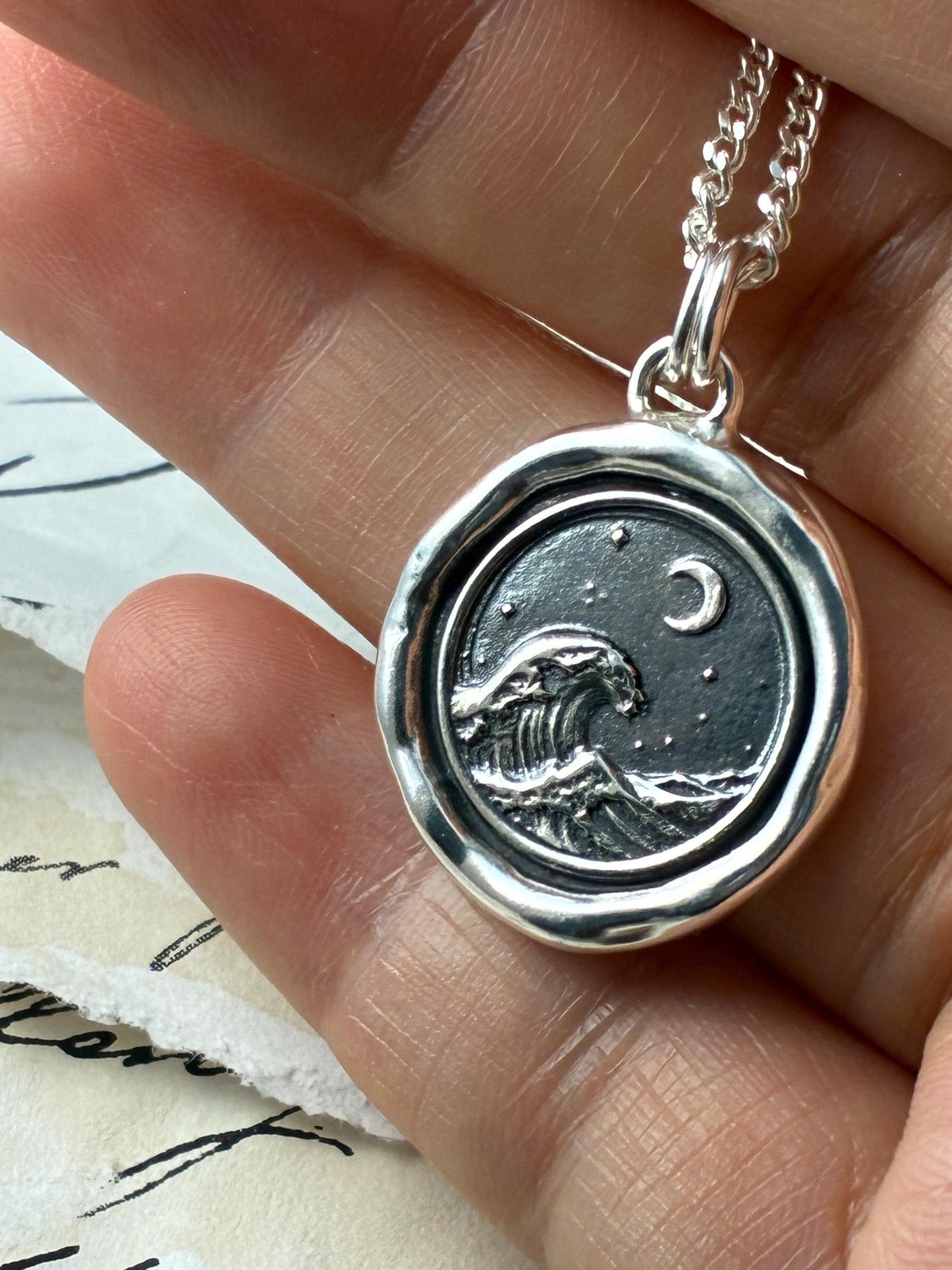 Ocean Wave & Crescent Moon Necklace • Wax Seal Silver Pendant • Nautical Keepsake • Original Design by Liliane Ting