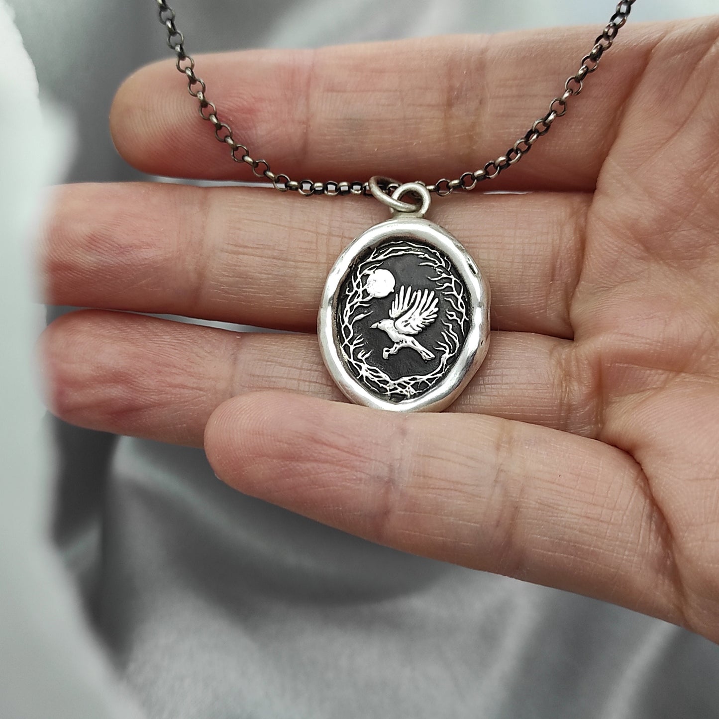 Woodland Crow Wax Seal Necklace Pendant, Handmade Silver Talisman, Intaglio Seal Heirloom, Original Design Liliane Ting LT024