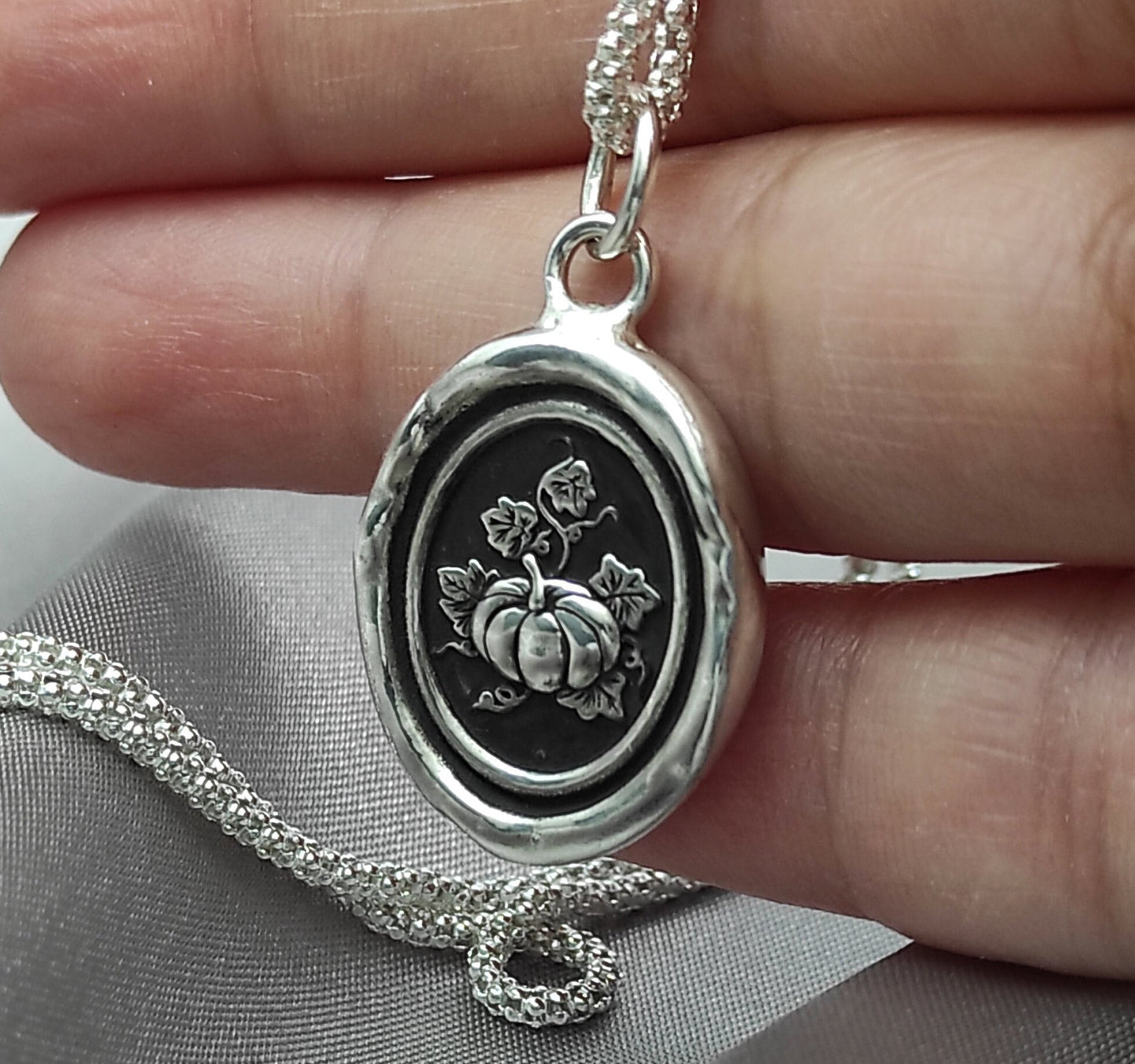 Pumpkin Harvest Wax Seal Necklace Pendant, Handmade Silver Talisman, Intaglio Seal Heirloom, Original Design by Liliane Ting LT069