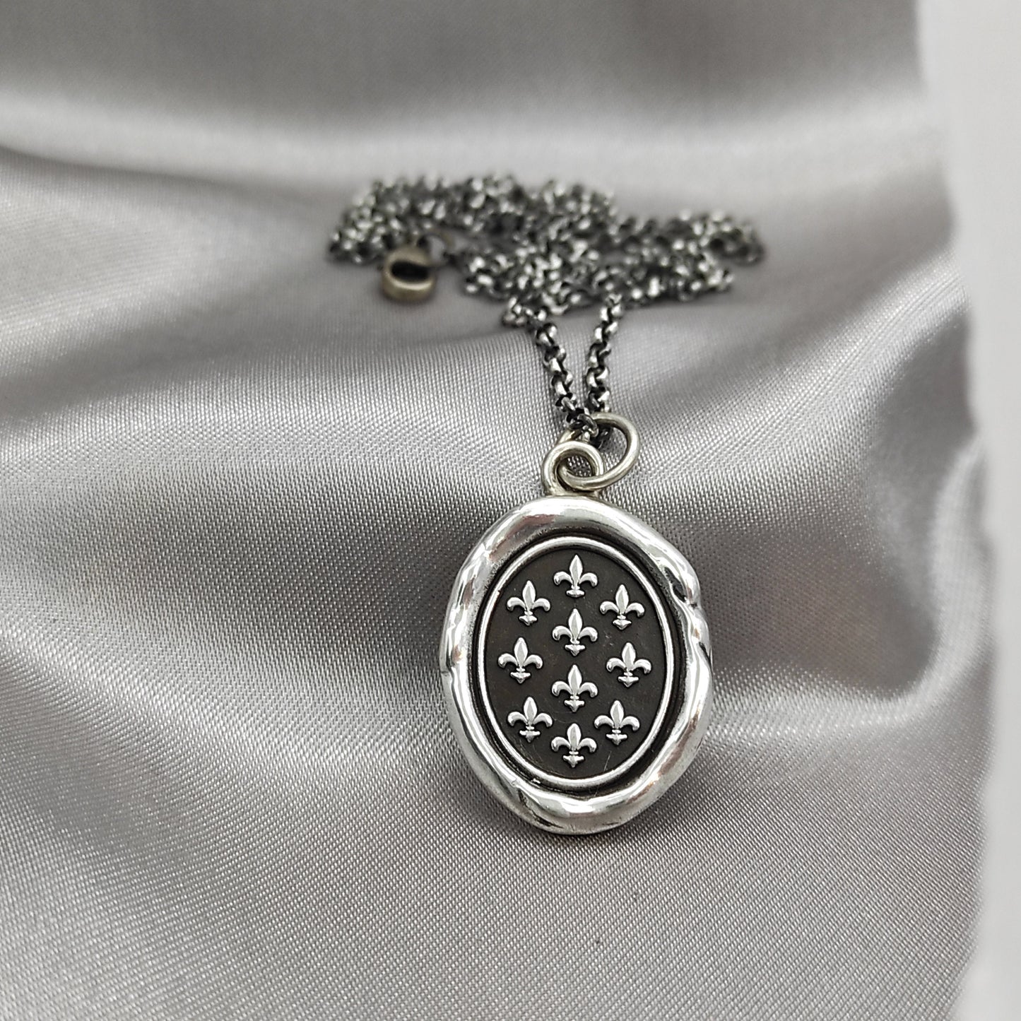 Silver Fleur-de-lis Pendant, Wax Seal Necklace, Handmade Silver Charm, Intaglio Seal Heirloom, Original Design Liliane Ting LT053