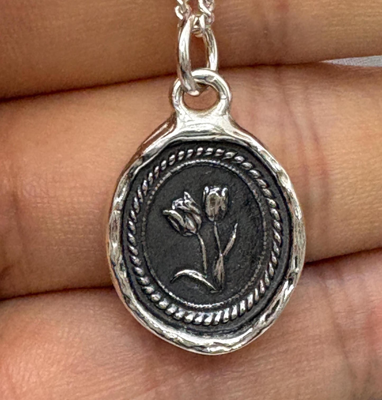 Tulip Pendant – Wax Seal Botanical Necklace – Symbol of Love and Renewal, Handmade Silver Charm, Intaglio Seal Heirloom, Original Design LT
