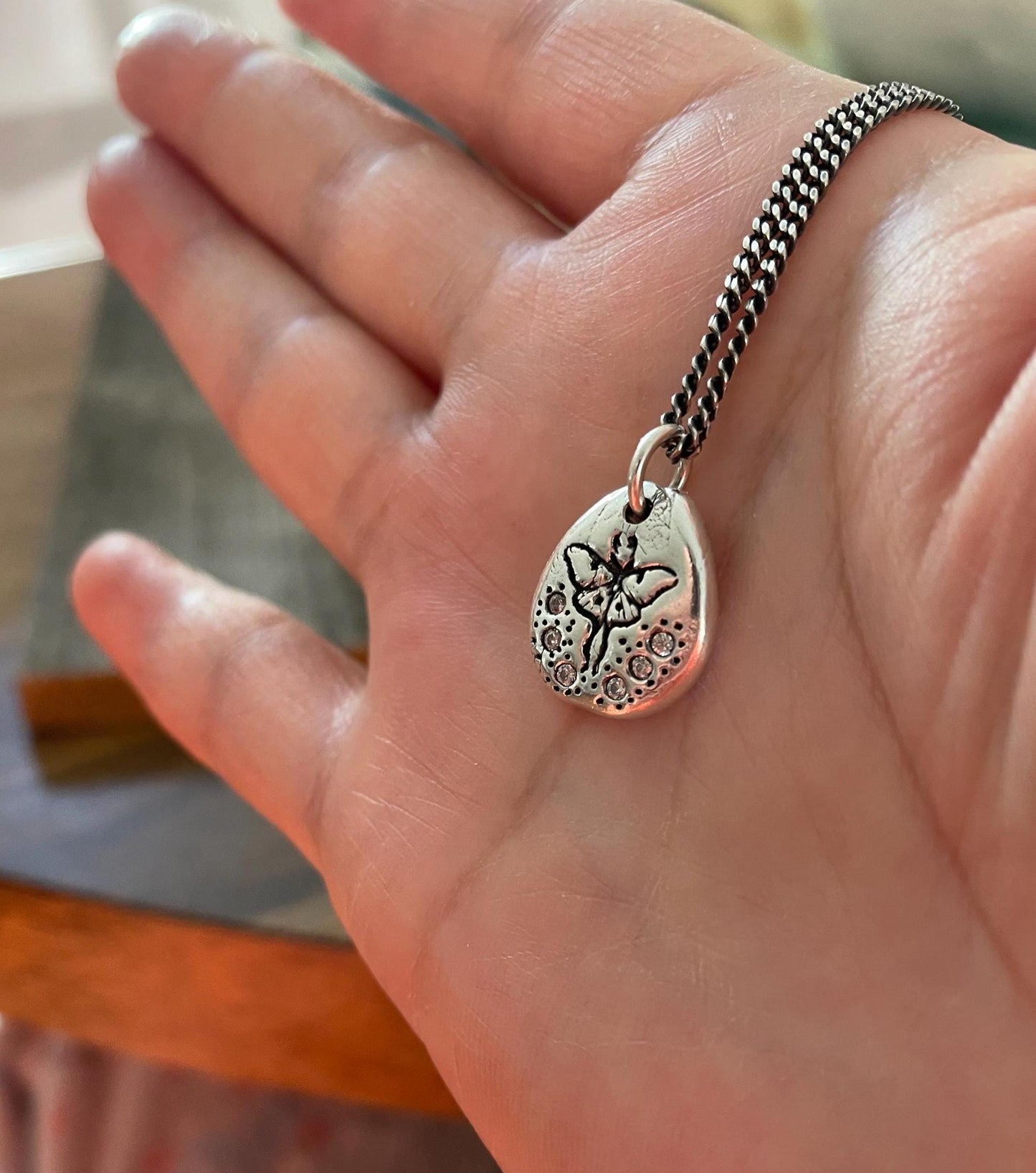 Luna Moth CZ Stone Silver Stamped Pendant Necklace, Handmade Silver Charm, Original Design by Liliane Ting