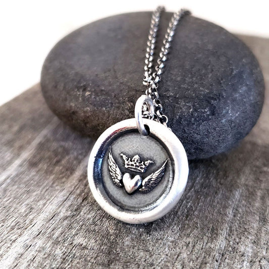 Angel Wings Pendant, Heart Crown Wax Seal Necklace, Handmade Solid Silver Charm, Intaglio Seal Heirloom Jewelry LT036