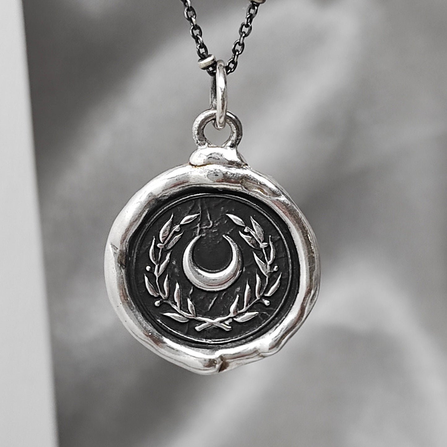 Crescent Moon Silver Pendant, Wreath Wax Seal Necklace, Handmade Silver Charm, Intaglio Seal Heirloom, Original Design Liliane Ting LT018