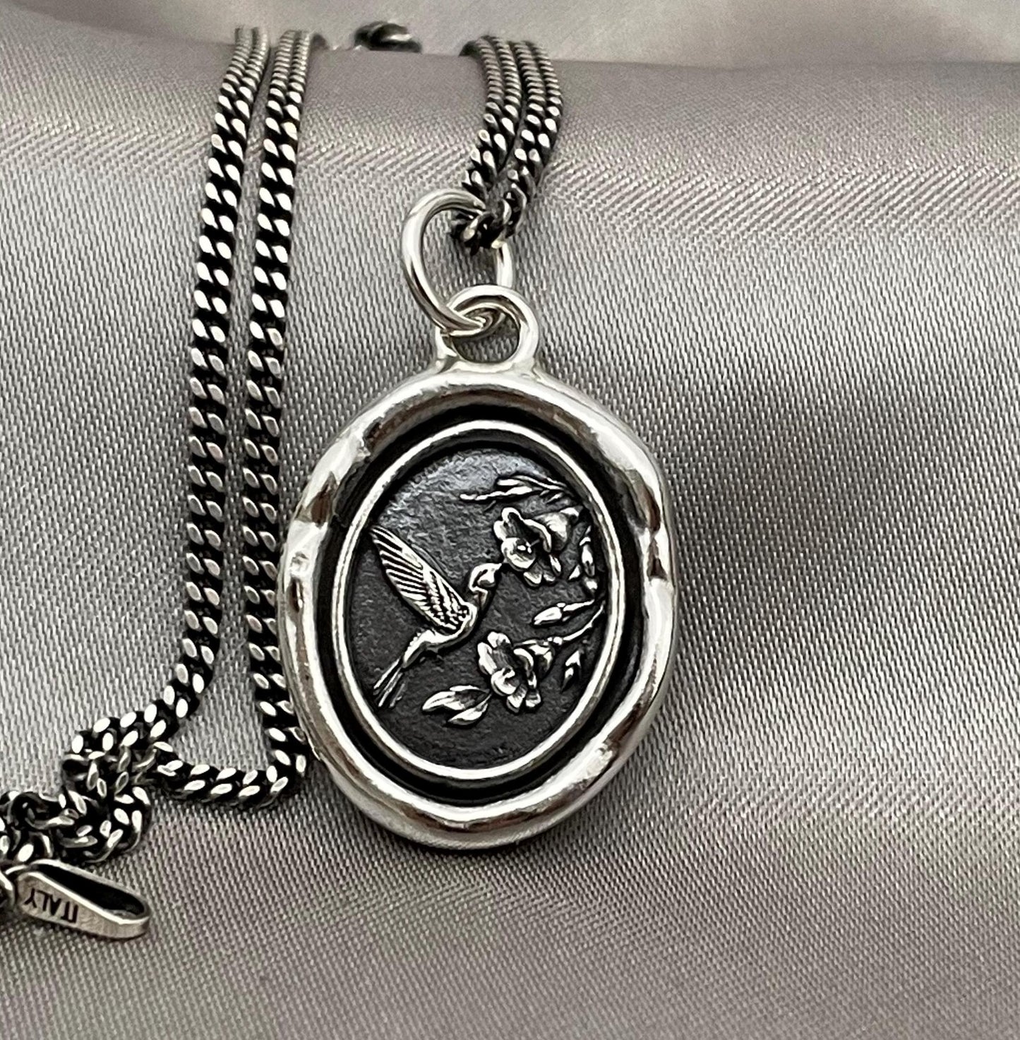 Hummingbird Flower Celestial Wax Seal Necklace Pendant, Handmade Solid Silver Talisman, Intaglio Seal Heirloom, Original Design LT093