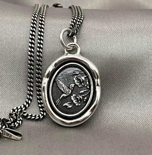 Hummingbird Flower Celestial Wax Seal Necklace Pendant, Handmade Solid Silver Talisman, Intaglio Seal Heirloom, Original Design LT093