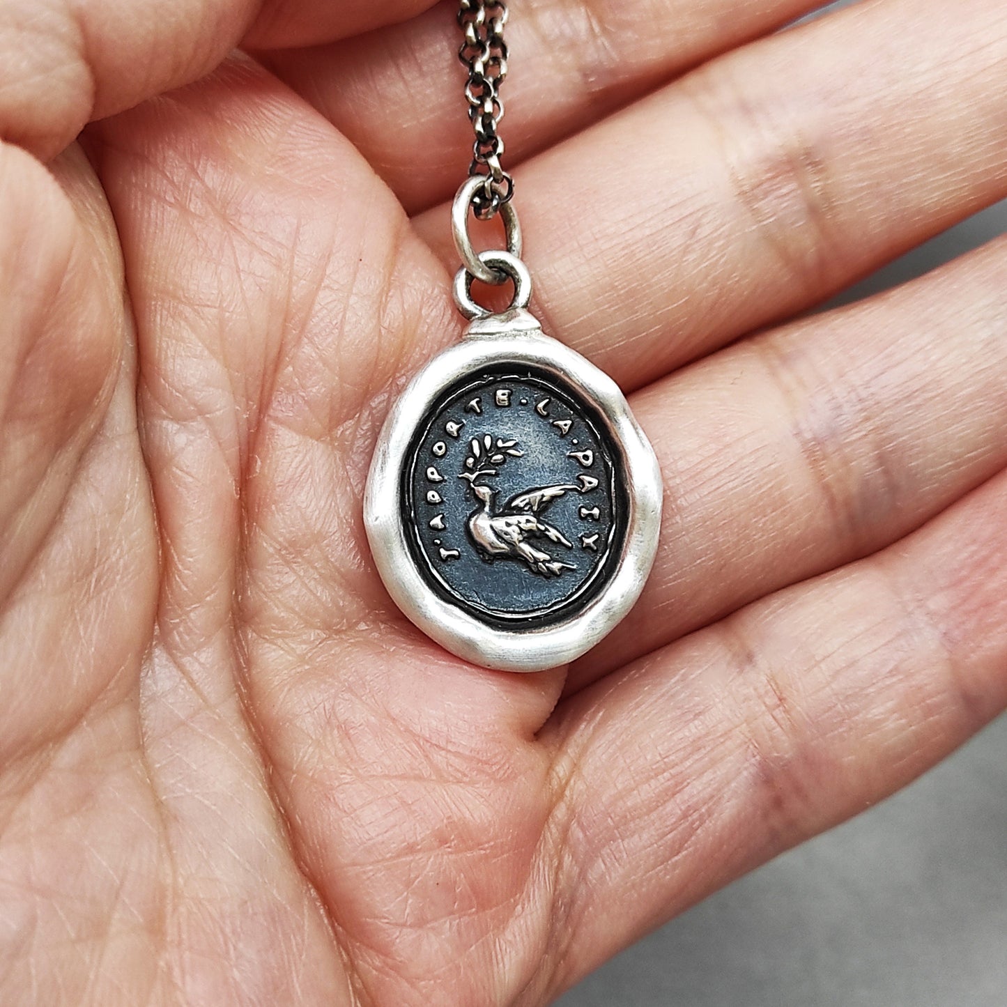 Dove Olive Branch Peace Love Wax Seal Necklace Pendant, Handmade Silver Talisman, Intaglio Seal Heirloom Original Design LT011