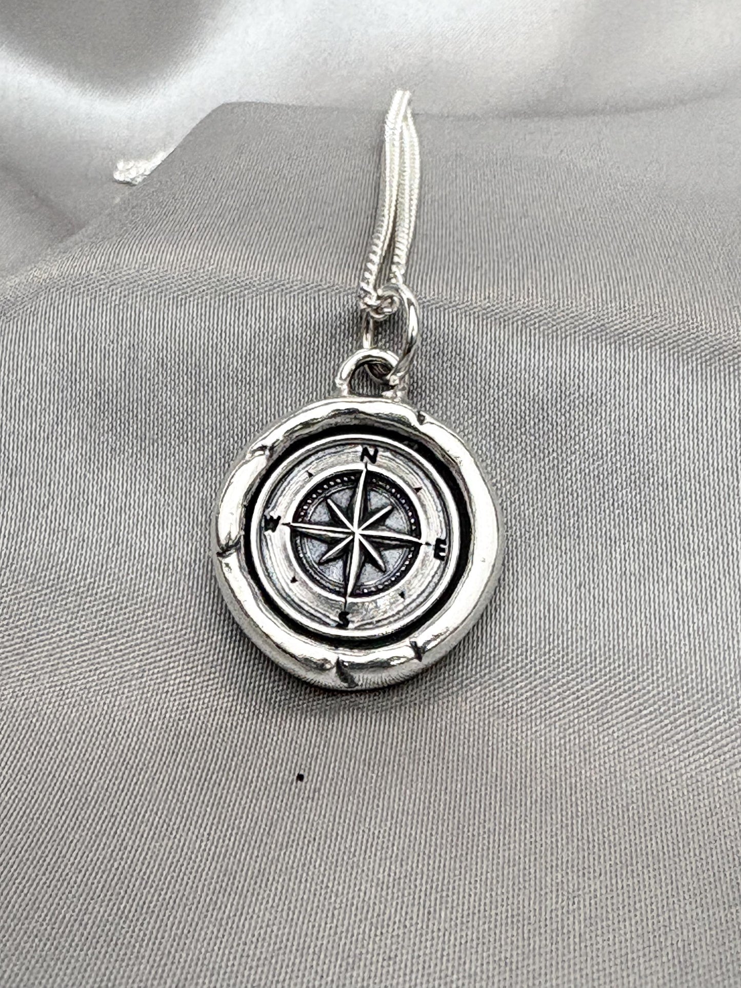 Compass Pendant Wax Seal Handmade Silver Talisman Necklace, Intaglio Seal Heirloom, Original Design by Liliane Ting