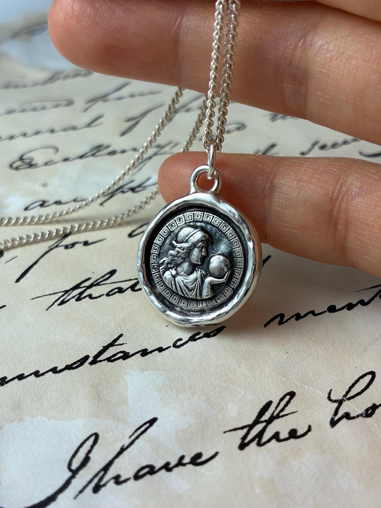 Celestial Greek Goddess Pendant, Mythological Wax Seal Necklace, Handmade Silver Amulet • One-of-a-Kind Ancient Seer Necklace Liliane Ting