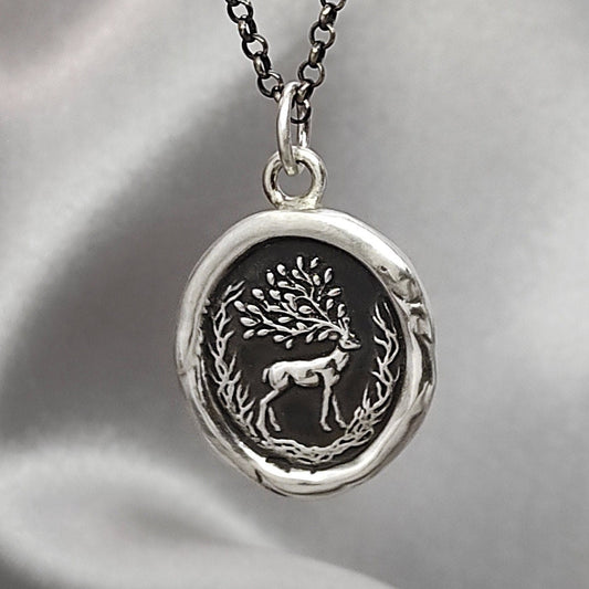Woodland Deer Necklace, Wax Seal Pendant, Handmade Silver Talisman, Intaglio Seal Heirloom, Original Design Liliane Ting LT043