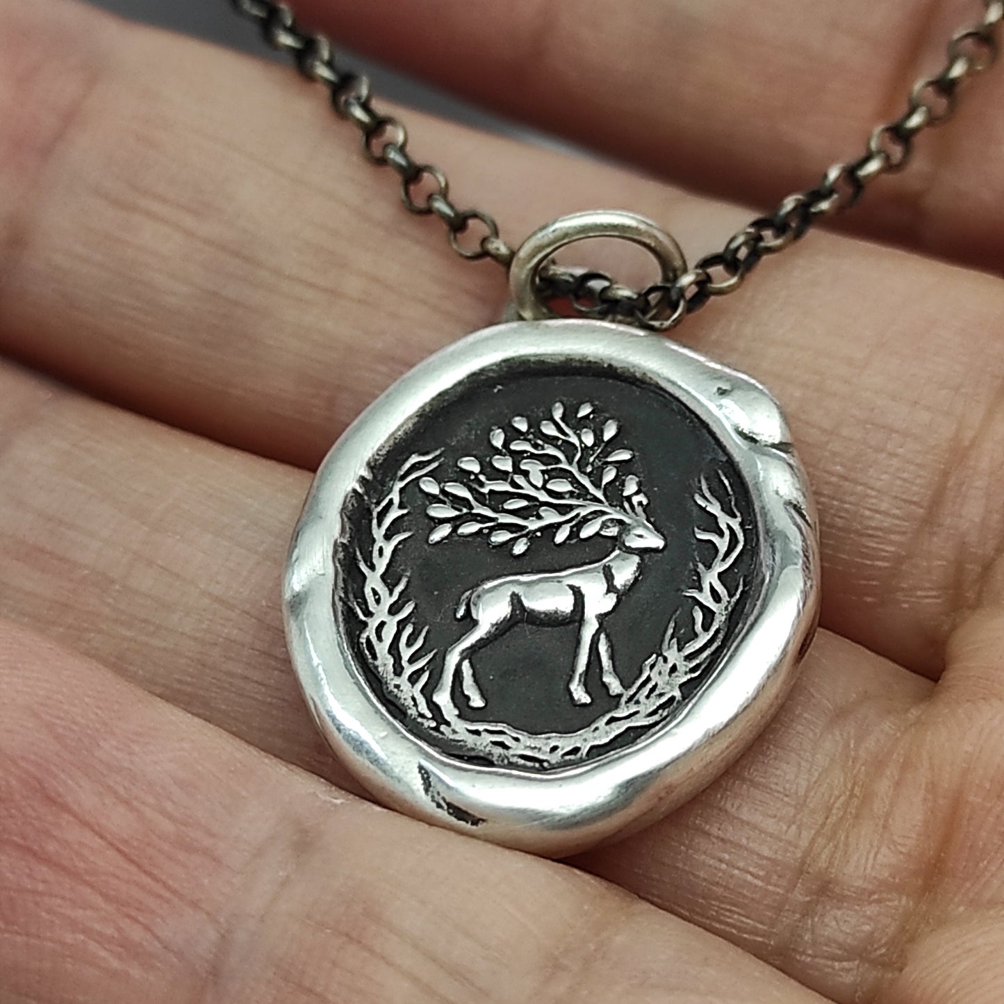 Woodland Deer Necklace, Wax Seal Pendant, Handmade Silver Talisman, Intaglio Seal Heirloom, Original Design Liliane Ting LT043