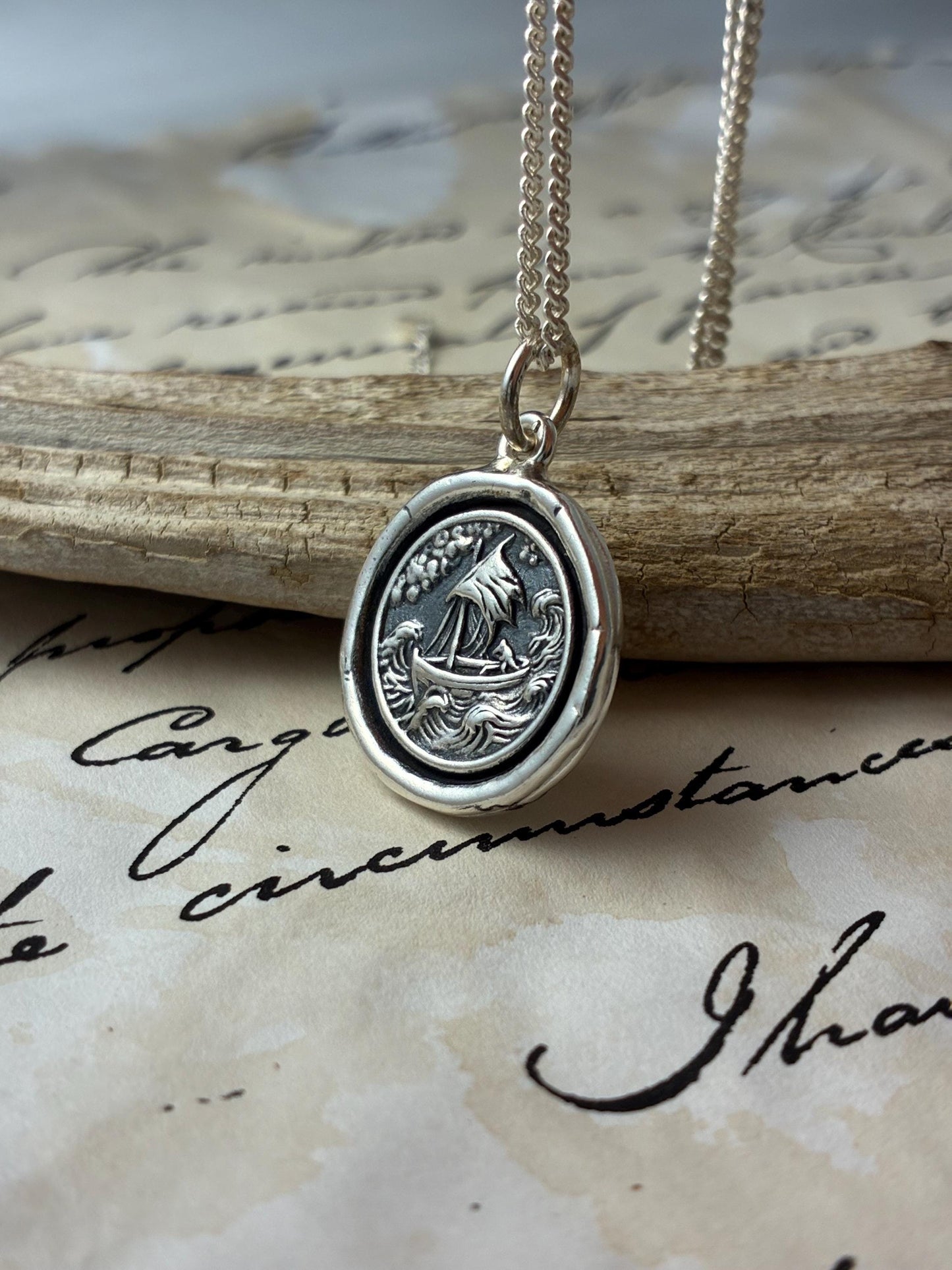 Stormy Sea Boat Pendant – Nautical Wax Seal Necklace – Handmade Silver Talisman – Symbol of Strength, Journey & Faith Original Design LT149